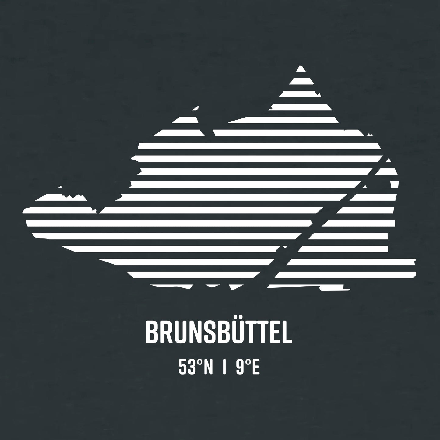 Die Detailansicht zeigt in weißen Streifen der Umriss von Brunsbüttel. Darunter steht Brunsbüttel 53° N und 9° E. Die Hintergrundfarbe ist Schwarz.