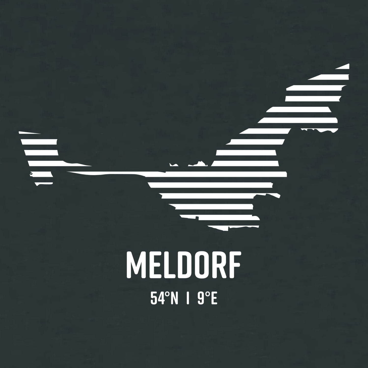 Detailansicht vom Umriss von Meldorf. Darunter steht Meldorf und die Koordinaten 54° N und 9° E.