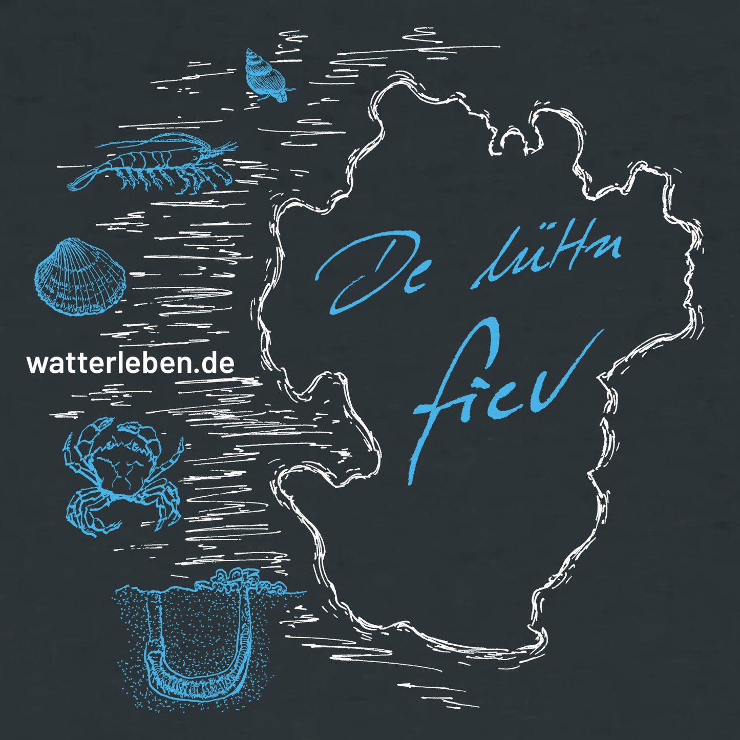 Detailansicht vom Aufdruck De lüttn fiev. Dithmarschenumriss mit dem Text De lüttn fiev. Links daneben sind die Lüttn fiev abgebildet.