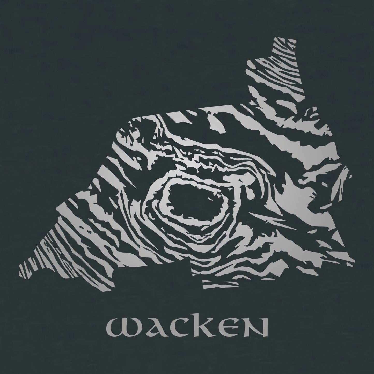 Detailansicht vom Umriss von Wacken in grauem Farbverlauf. Die Fläche hat das Muster eines Damastmessers. Darunter steht in altmodischer grauer Schriftart Wacken. Die Farbe vom Hintergrund ist Black.