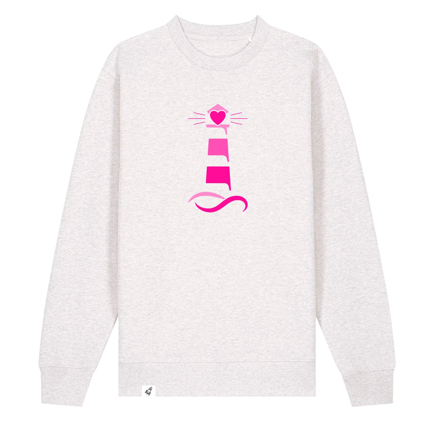Hellgrauer Unisex Sweater aus der Pinktober Kollektion mit Leuchtturm Motiv.