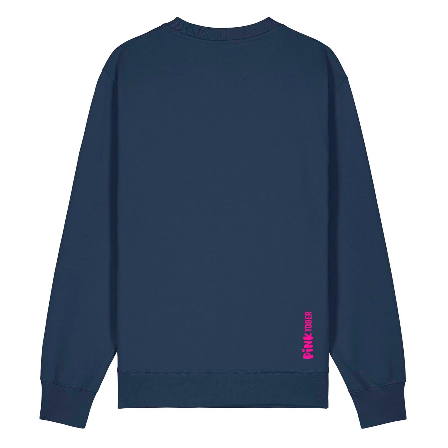 Dunkelblauer Unisex Sweater aus der Pinktober Kollektion mit dem Pinktober Logo Motiv. Ansicht von Hinten.