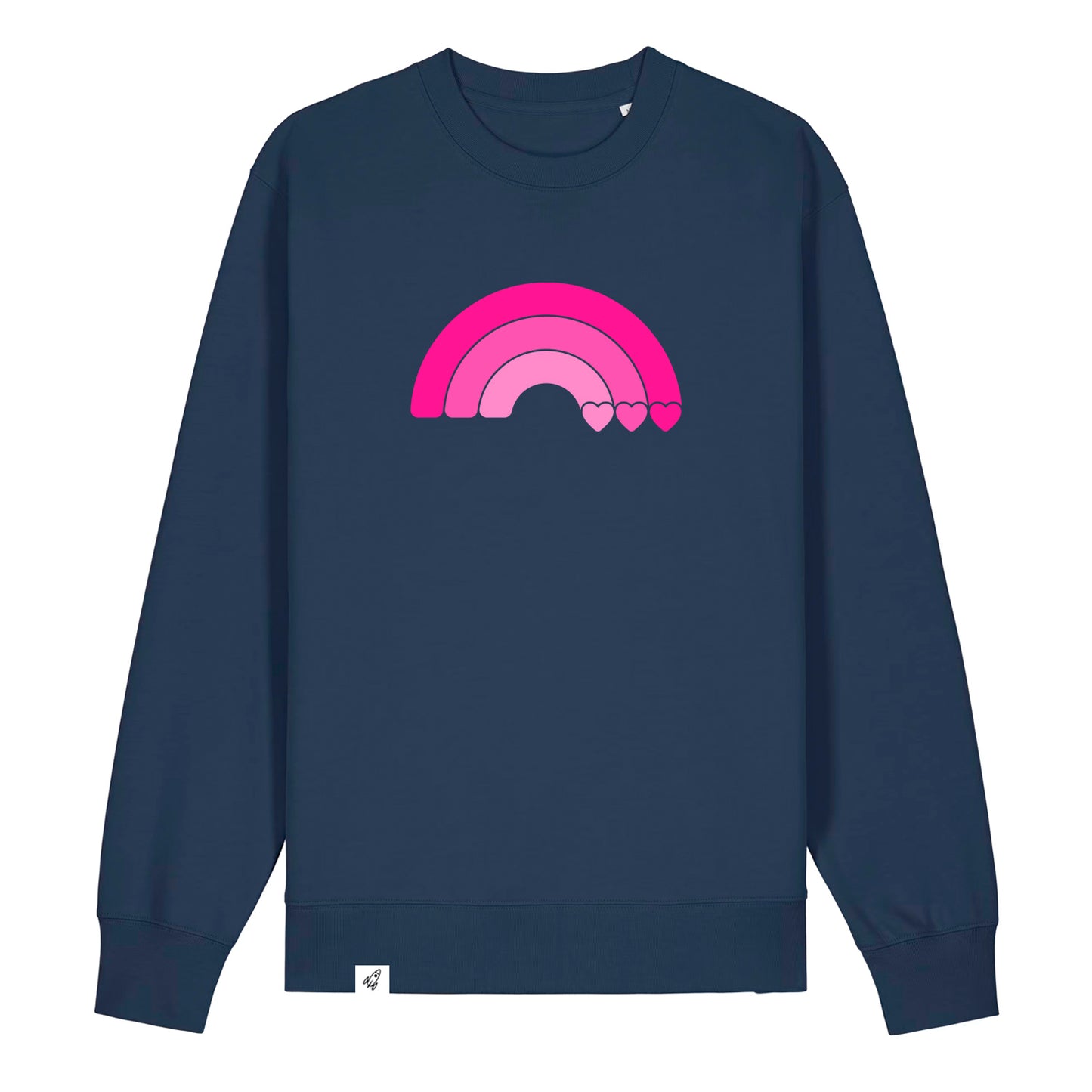 Dunkelblauer Unisex Sweater aus der Pinktober Kollektion mit Regenbogen Motiv.