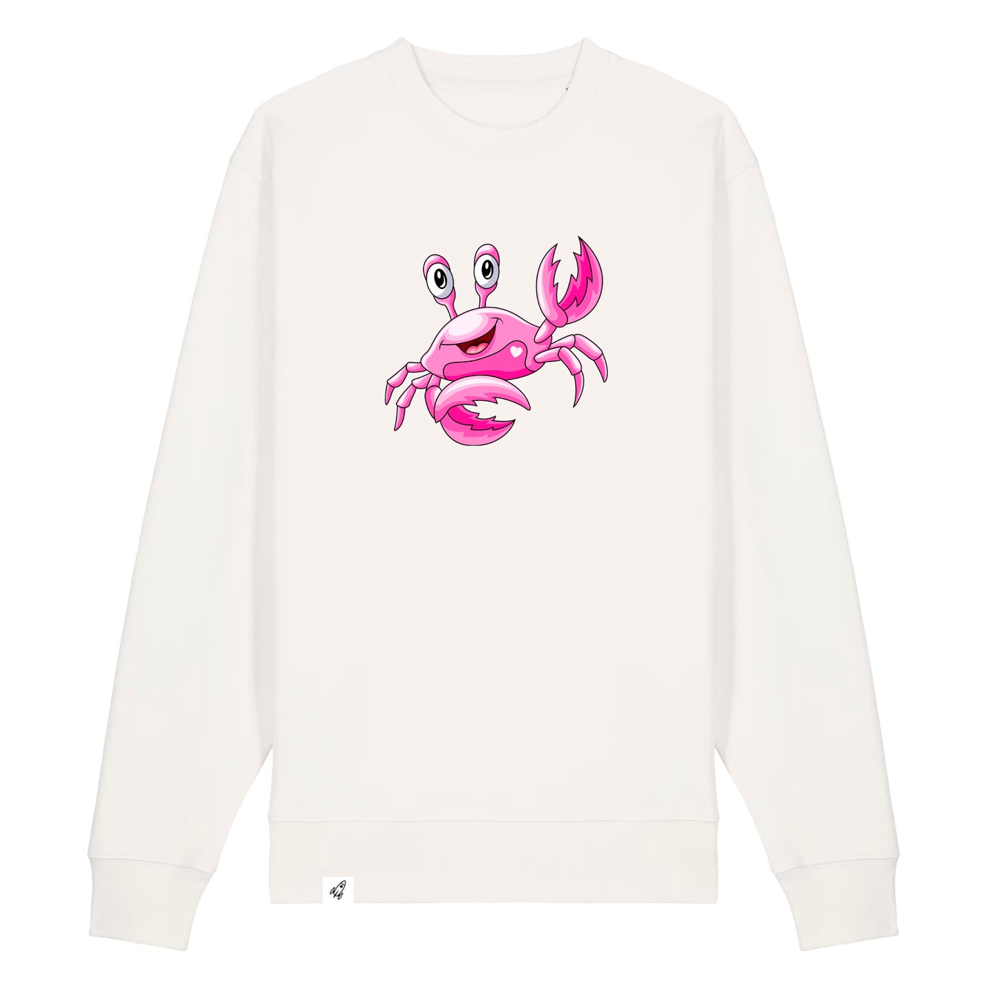 Weißer Unisex Sweater aus der Pinktober Kollektion mit Krebs Motiv.
