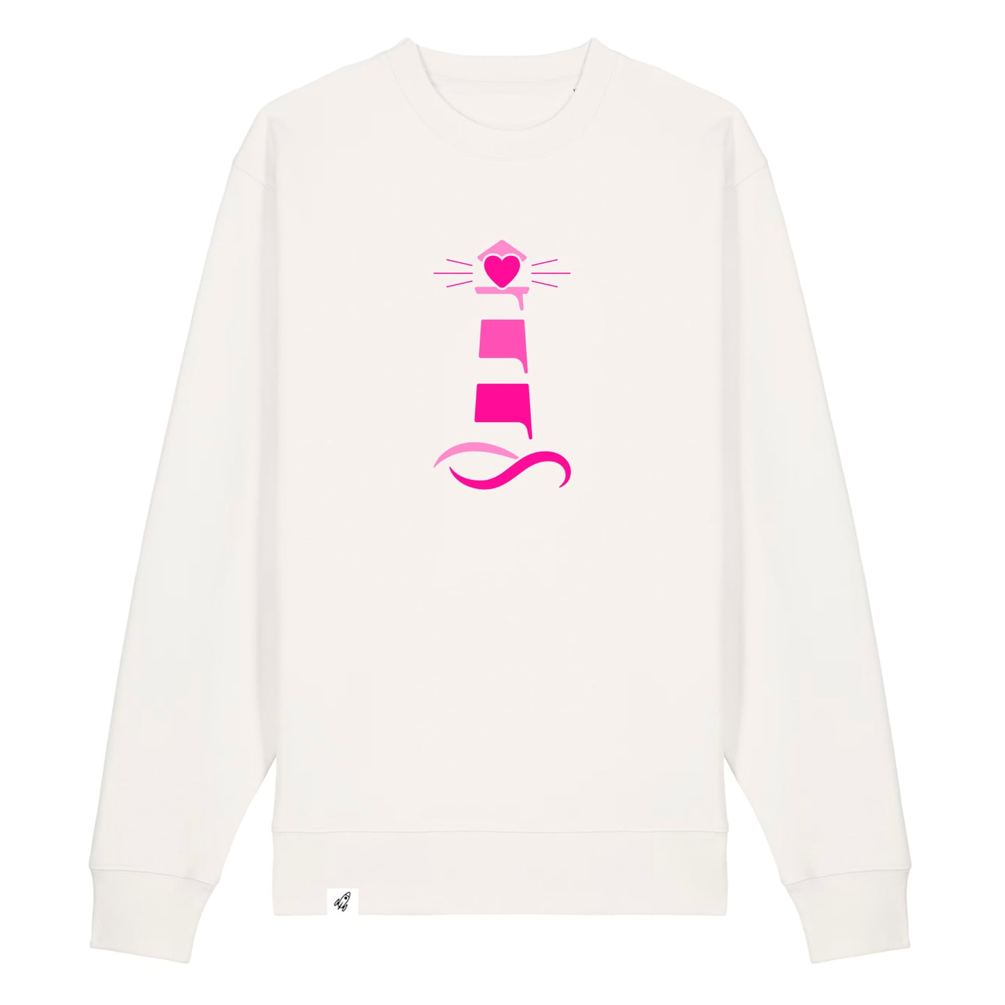 Altweißer Unisex Sweater aus der Pinktober Kollektion mit Leuchtturm Motiv.
