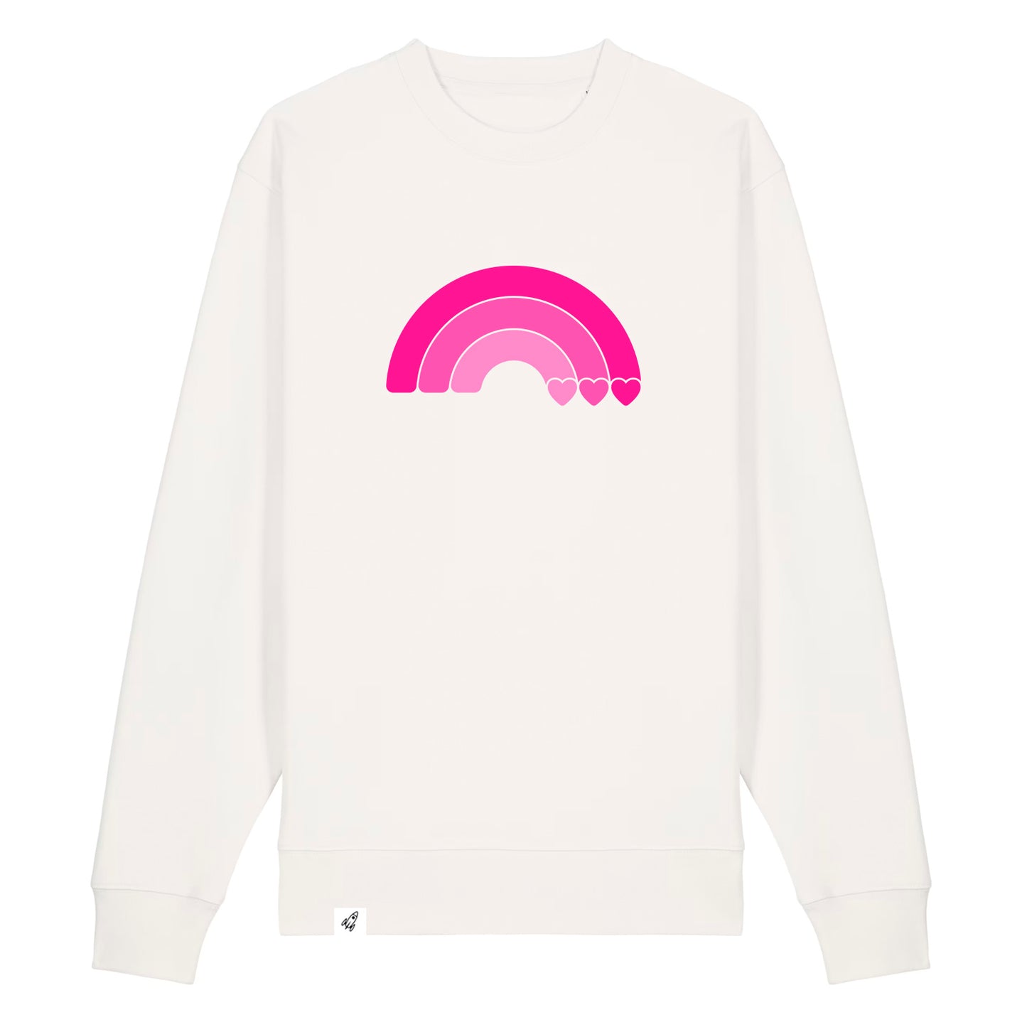 Altweißer Unisex Sweater aus der Pinktober Kollektion mit Regenbogen Motiv.
