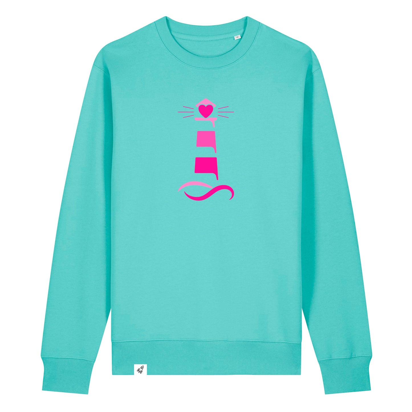 Hellblauer Unisex Sweater aus der Pinktober Kollektion mit Leuchtturm Motiv.