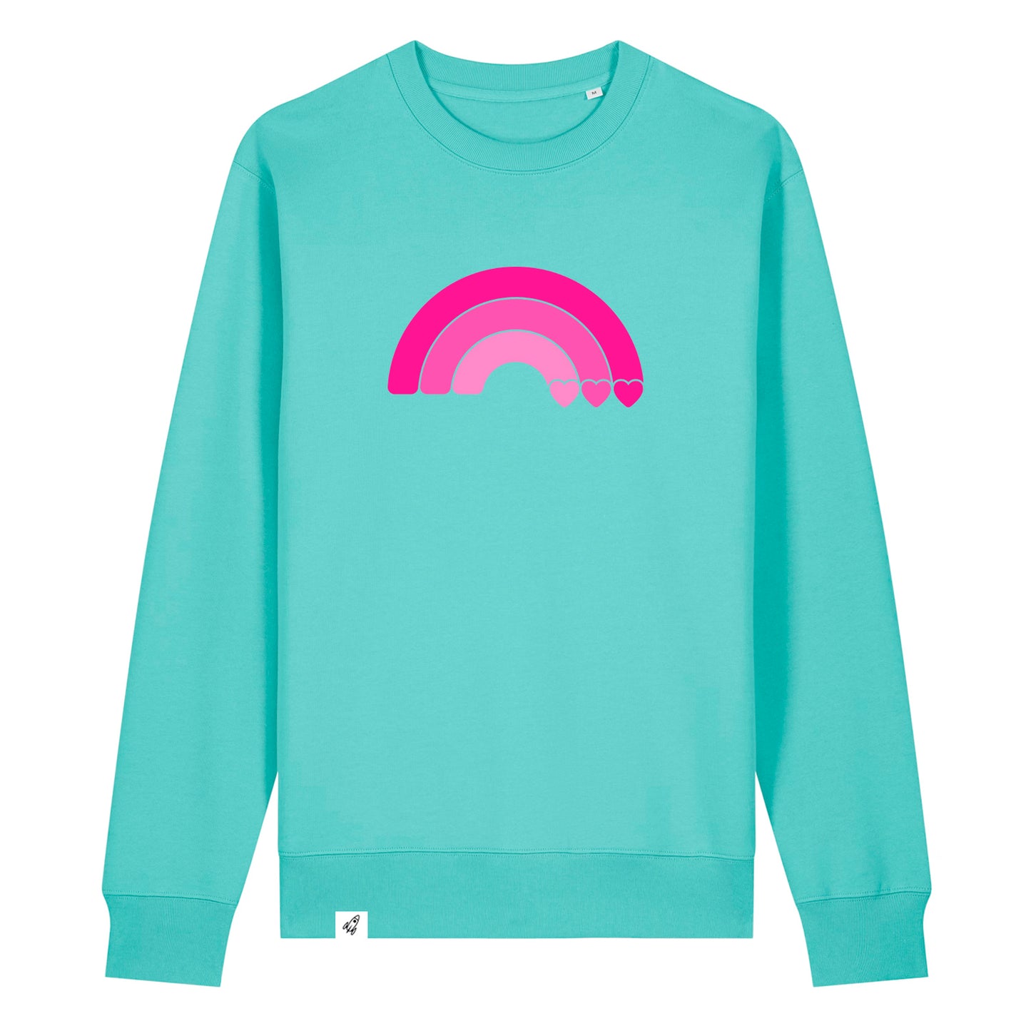 Hellblauer Unisex Sweater aus der Pinktober Kollektion mit Regenbogen Motiv.