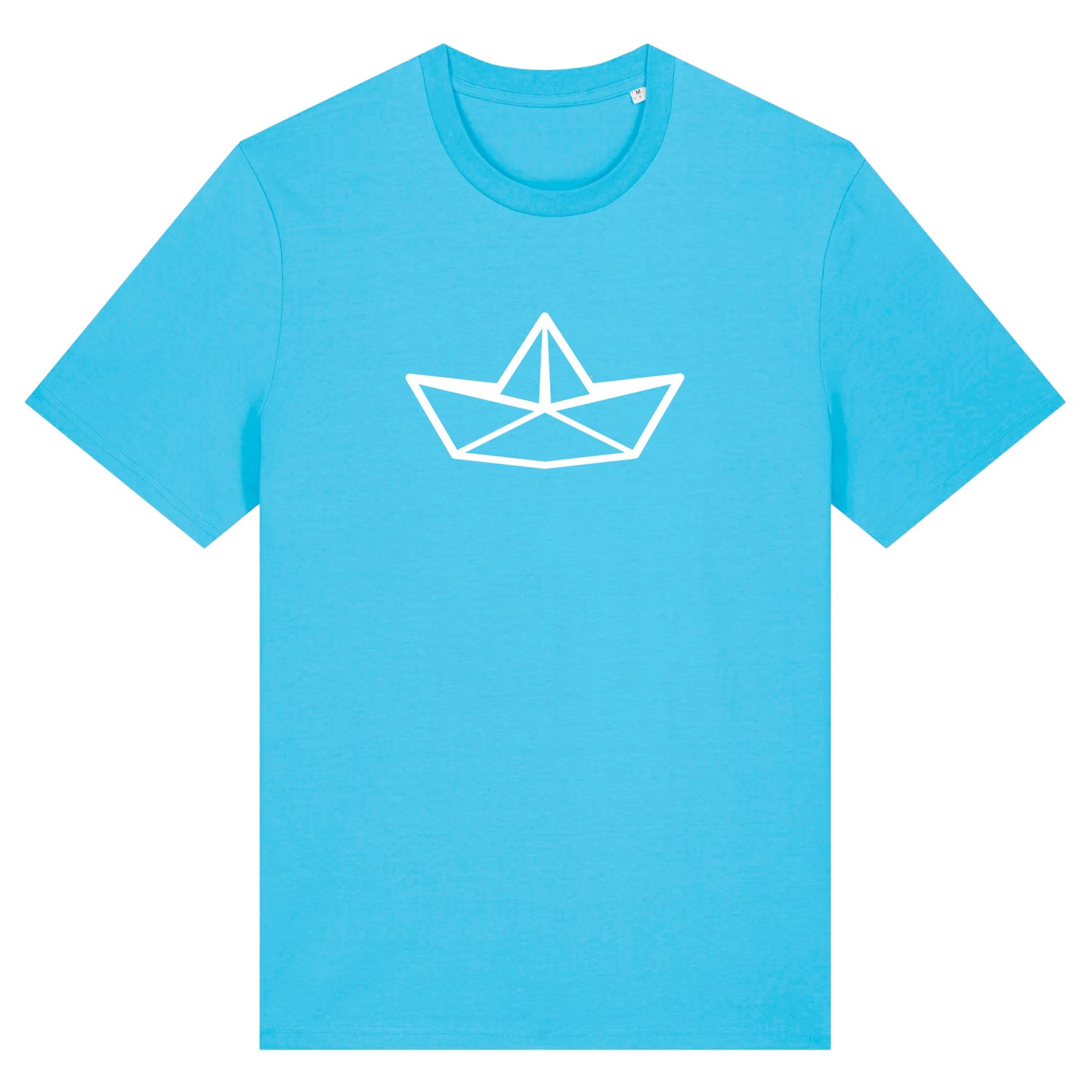 Hellblaues Unisex T-Shirt mit Rundhalsausschnitt. Auf der Brust ist in weiß die Grafik eines Faltbootes. Die Farbe vom T-Shirt heißt Aqua Blue.