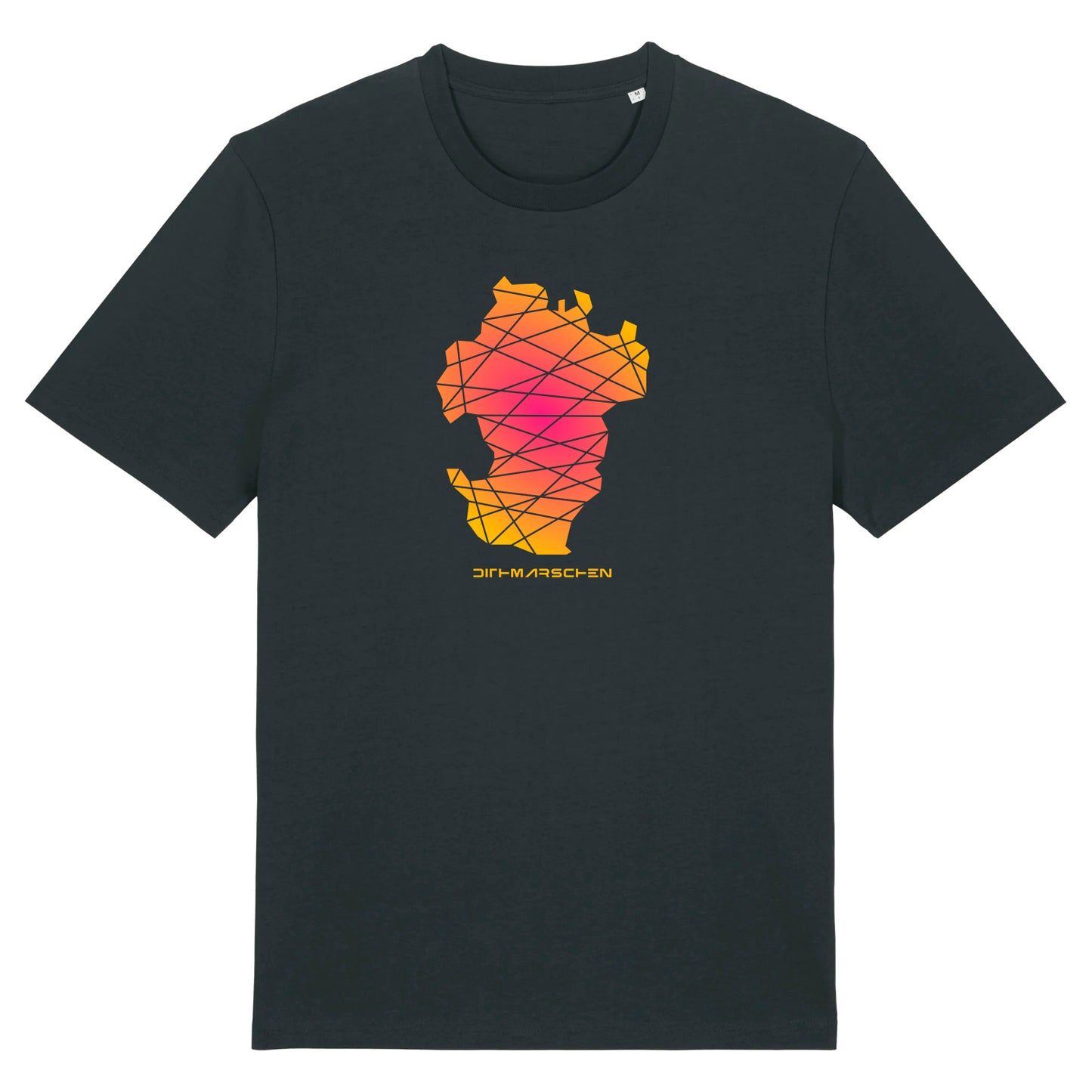 Schwarzes Unisex T-Shirt mit Rundhalsausschnitt. Auf der Brust ist in pink-orangenem Farbverlauf der Umriss von Dithmarschen. Die Fläche ist durch dunkle Linien geteilt. Darunter steht in moderner orangener Schriftart Dithmarschen. Die Farbe vom T-Shirt heißt Black.
