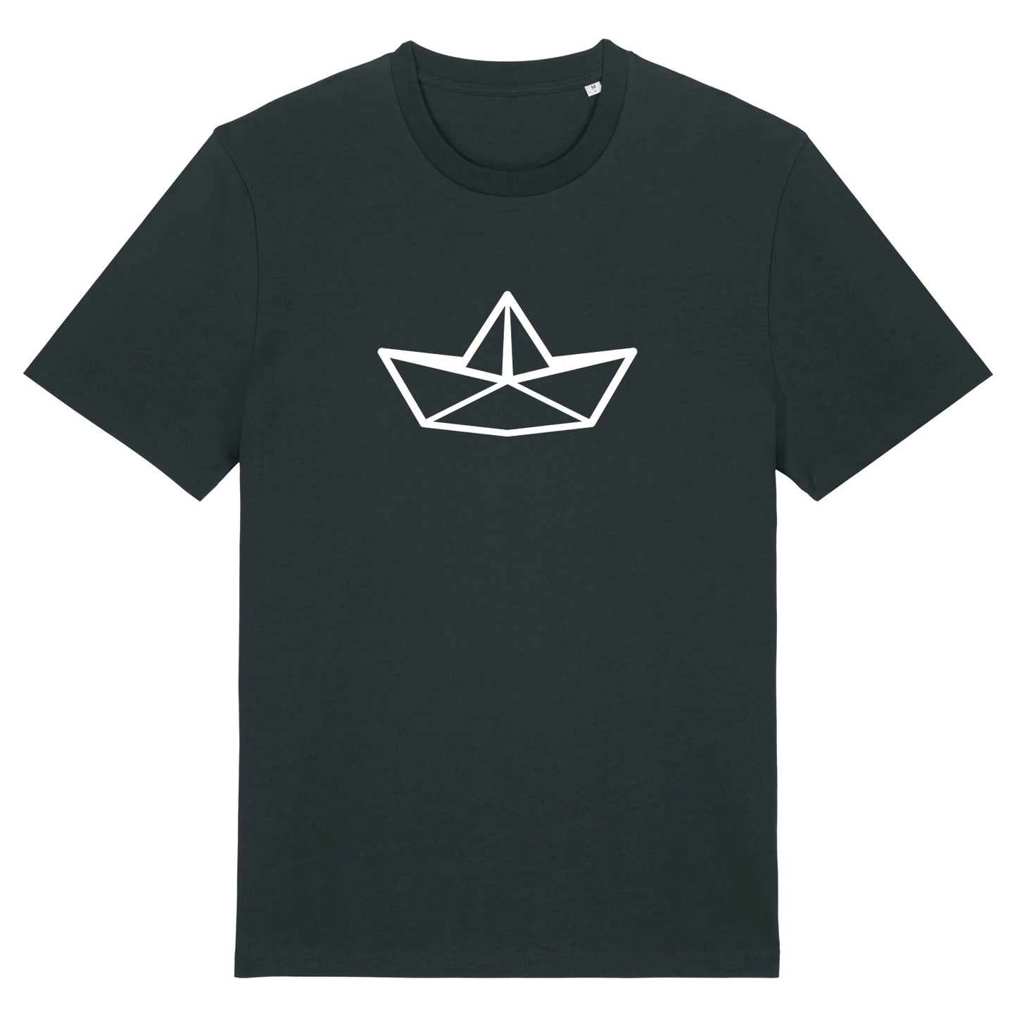 Schwarzes Unisex T-Shirt mit Rundhalsausschnitt. Auf der Brust ist in weiß die Grafik eines Faltbootes. Die Farbe vom T-Shirt heißt Black.