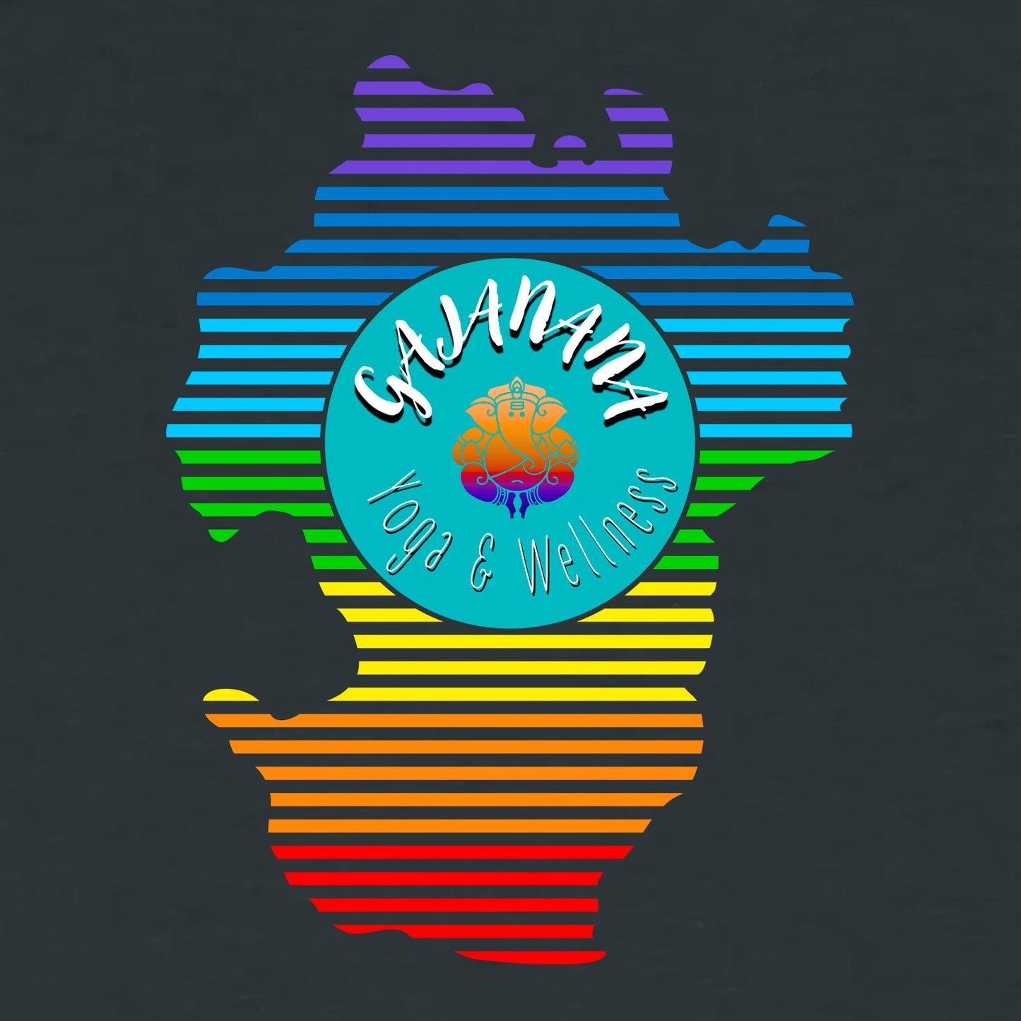 Detailansicht der Grafik. In Streifen ist der Dithmarschen Umriss in gekonterten Regenbogenfarben. In dem Umriss ist das hellblaue Logo von Gajanana Yoga. Die Farbe vom Hintergrund ist Schwarz.