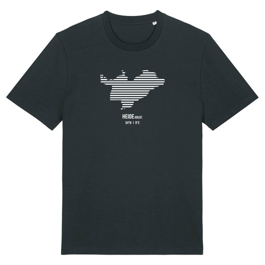 Schwarzes Unisex T-Shirt mit Rundhalsausschnitt. Auf der Brust ist in weißen Streifen der Umriss von Heide. Darunter steht Heide 54° N und 9° E. Die Farbe vom T-Shirt heißt Black.
