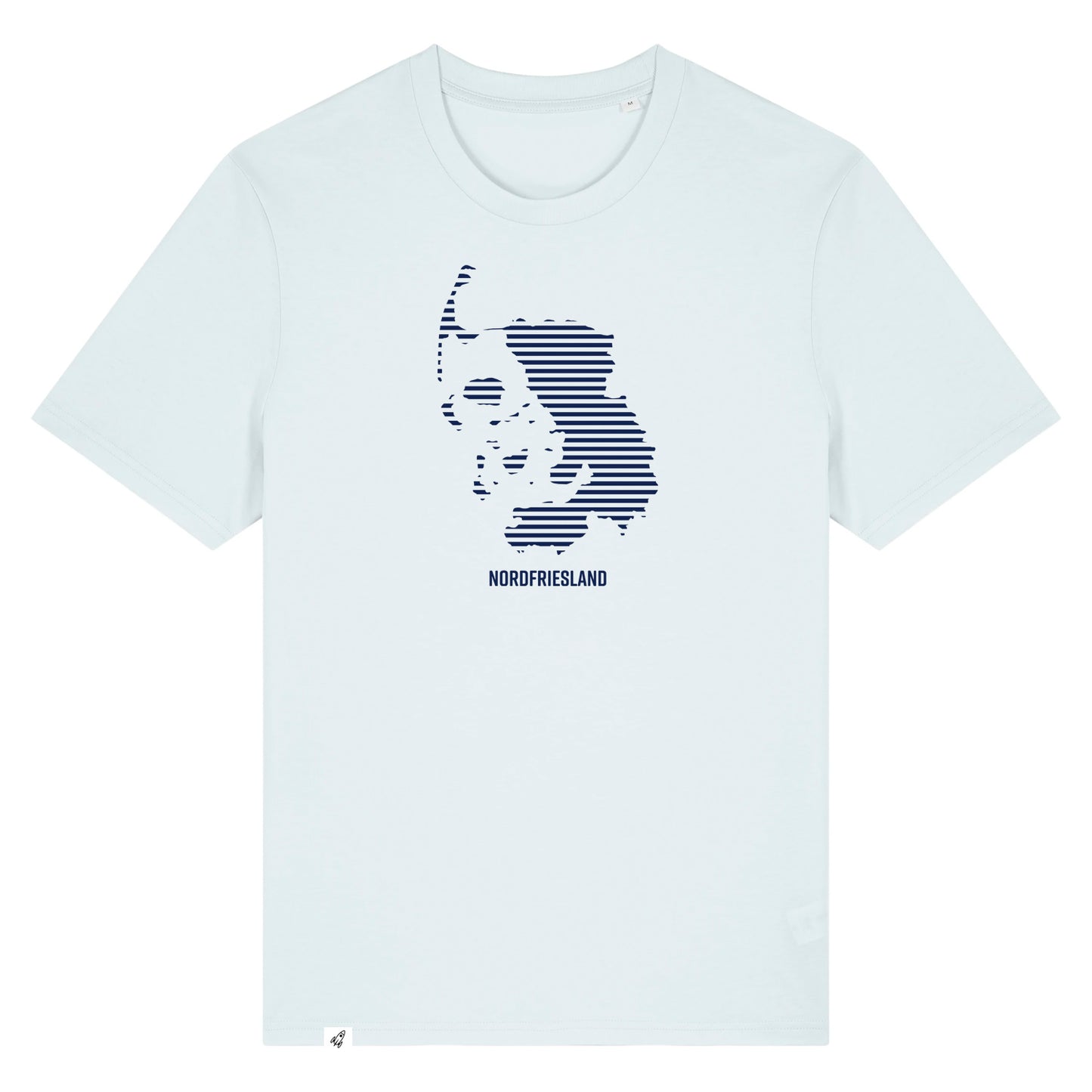 Hellblaues Unisex T-Shirt mit dem Nordfriesland Umriss in dunkelblauen Streifen.