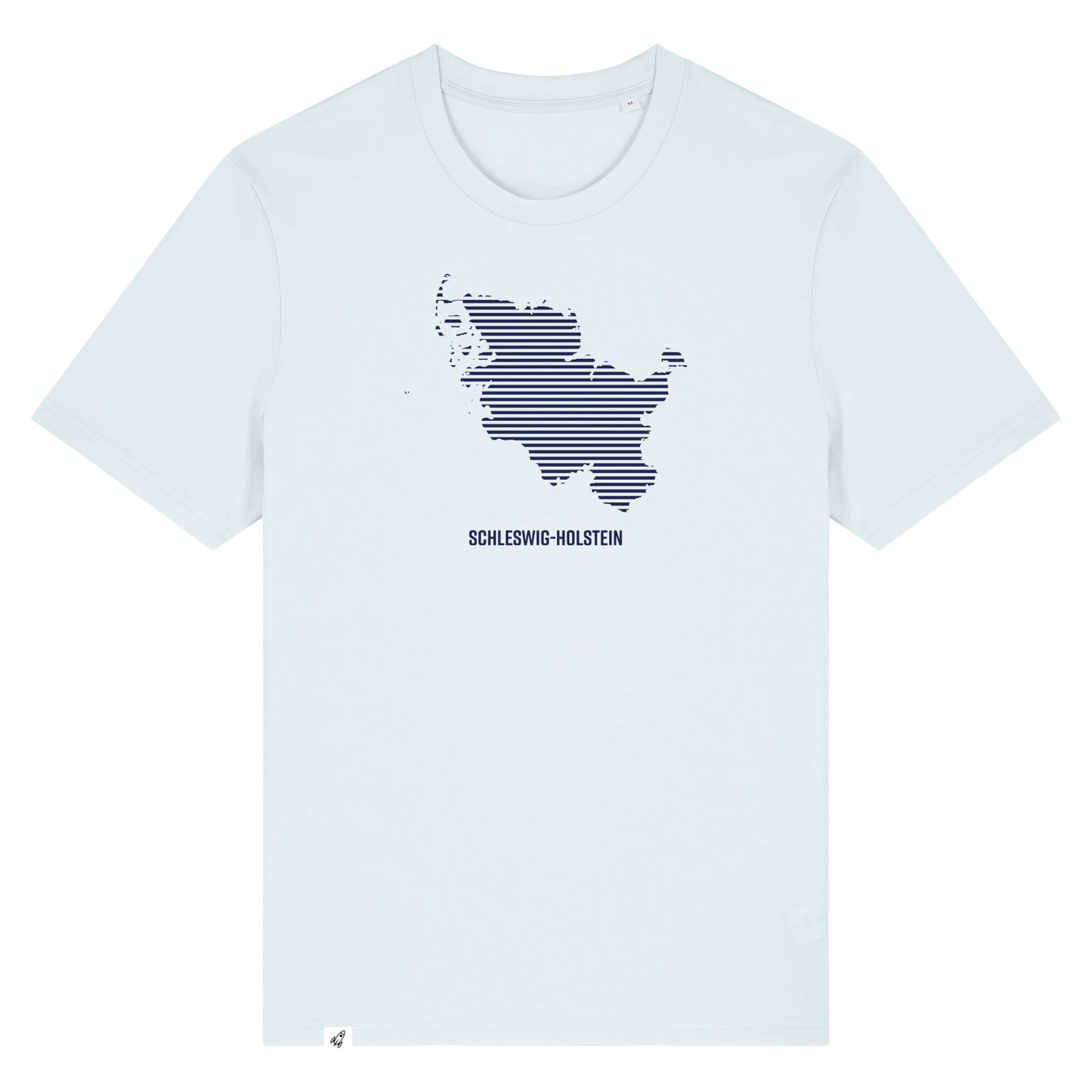Hellblaues Unisex T-Shirt mit Rundhalsausschnitt. Auf der Brust ist in blauen Streifen der Umriss von Schleswig-Holstein. Darunter steht Schleswig-Holstein. Die Farbe vom T-Shirt heißt Blue Ice.
