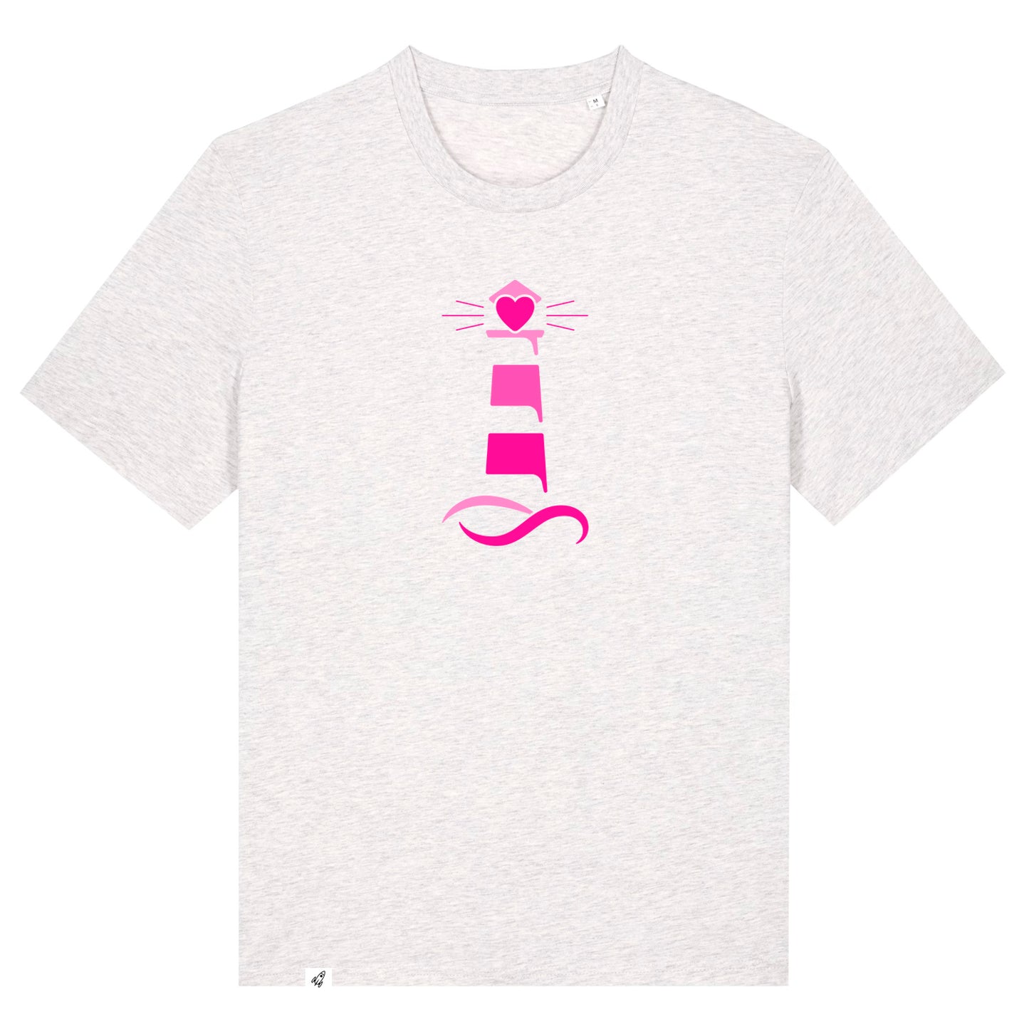 Hellgraues Unisex T-Shirt aus der Pinktober Kollektion mit Leuchtturm Motiv.