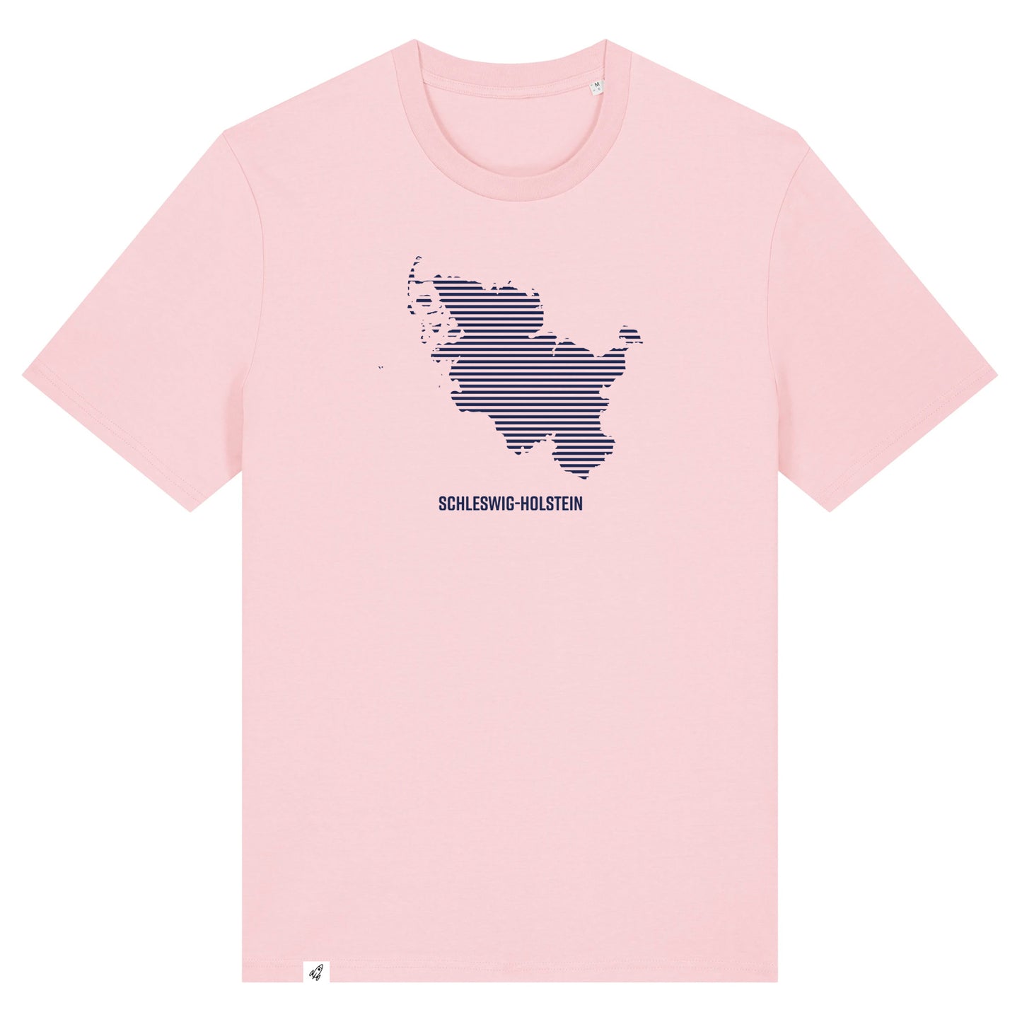 Pinkes Unisex T-Shirt mit Rundhalsausschnitt. Auf der Brust ist in blauen Streifen der Umriss von Schleswig-Holstein. Darunter steht Schleswig-Holstein. Die Farbe vom T-Shirt heißt Cotton Pink.