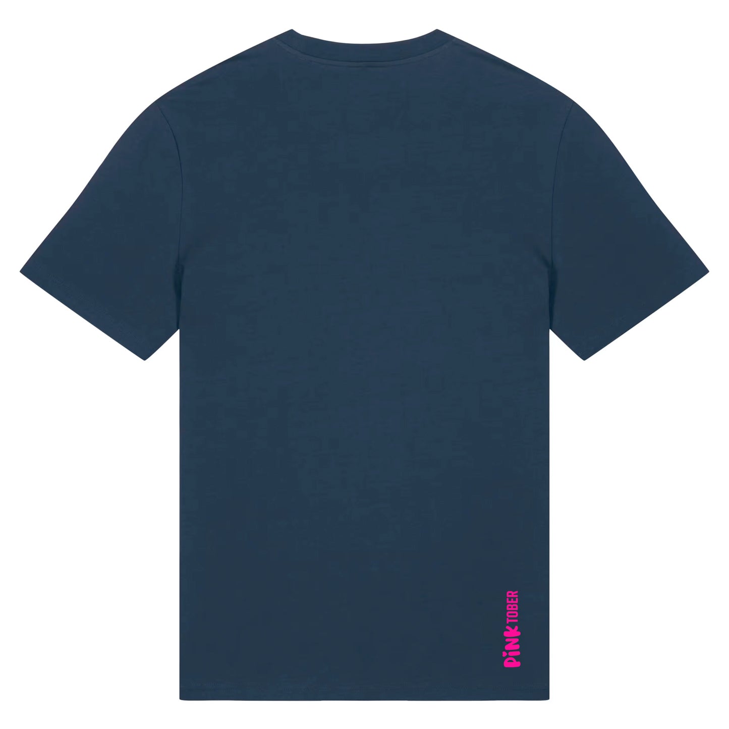 Dunkelblaues Unisex T-Shirt aus der Pinktober Kollektion mit Pinktober Logo Motiv auf der Rückseite.