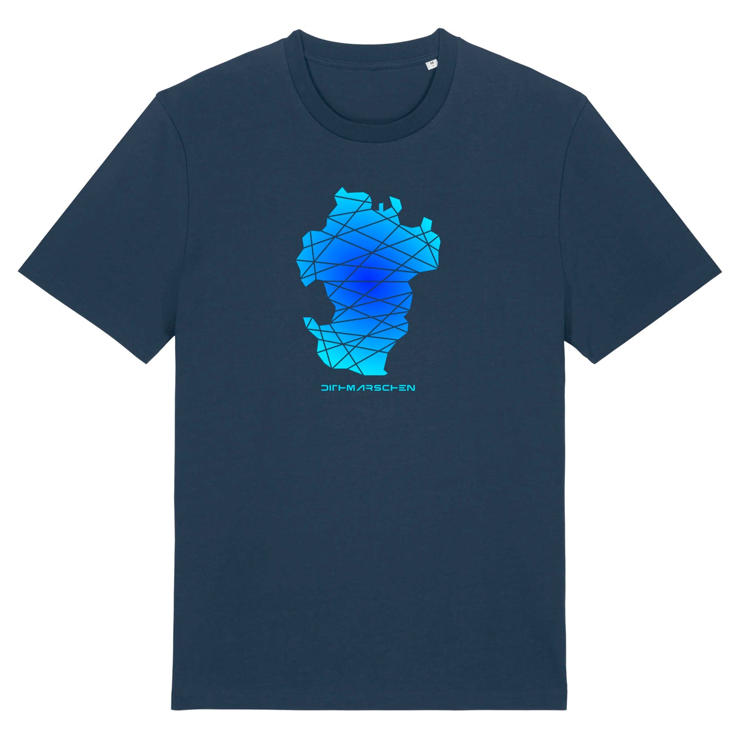 Dunkelblaues Unisex T-Shirt mit Rundhalsausschnitt. Auf der Brust ist in blauem Farbverlauf der Umriss von Dithmarschen. Die Fläche ist durch dunkle Linien geteilt. Darunter steht in moderner hellblauer Schriftart Dithmarschen. Die Farbe vom T-Shirt heißt French Navy.
