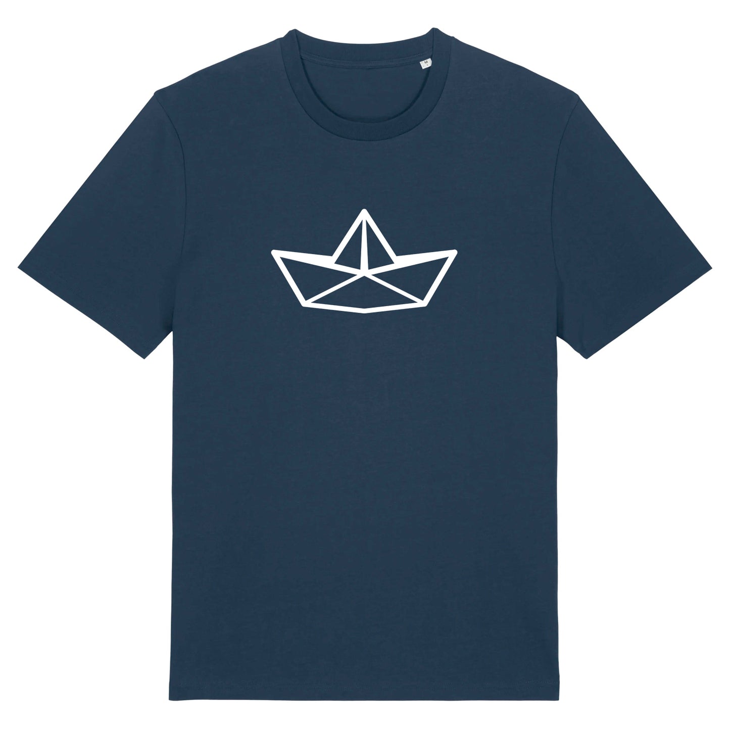 Dunkelblaues Unisex T-Shirt mit Rundhalsausschnitt. Auf der Brust ist in weiß die Grafik eines Faltbootes. Die Farbe vom T-Shirt heißt French Navy.