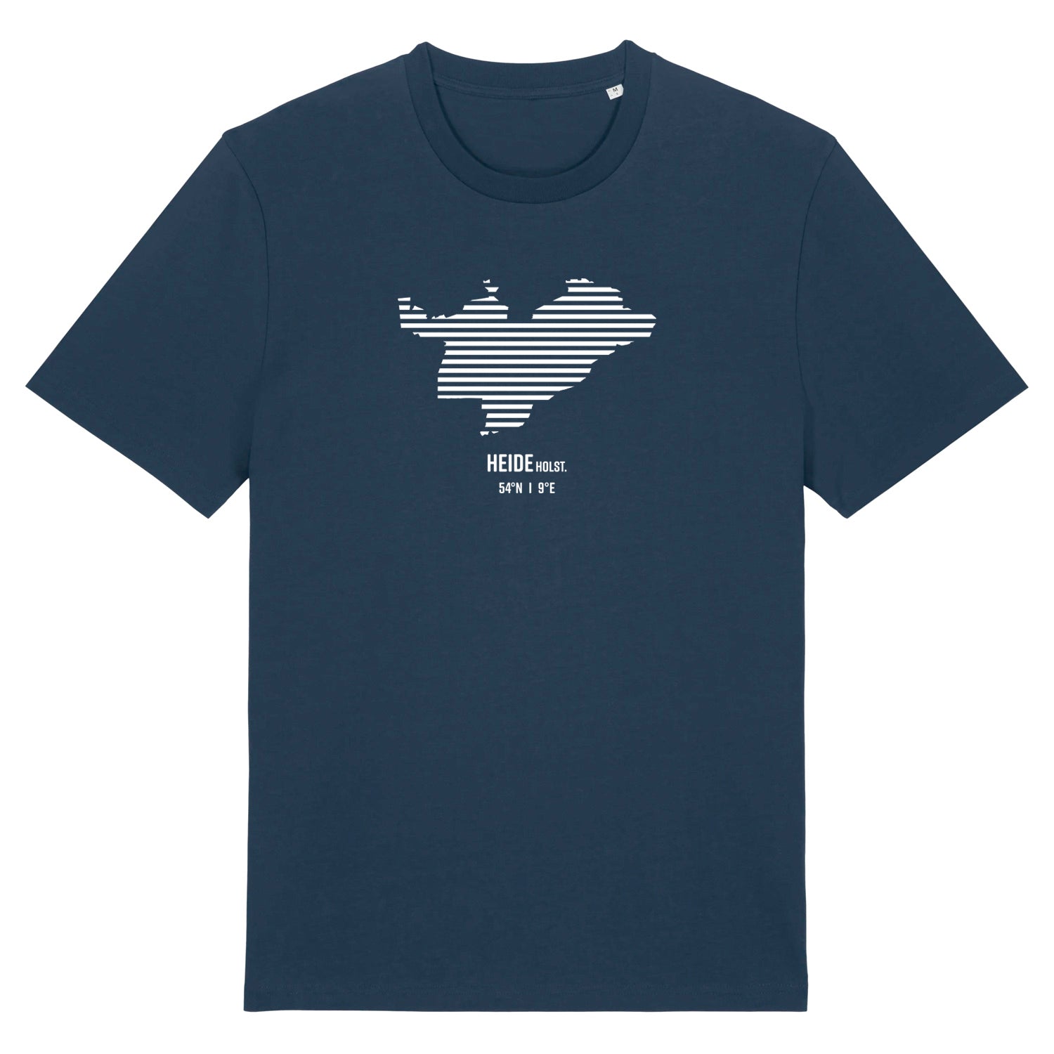Dunkelblaues Unisex T-Shirt mit Rundhalsausschnitt. Auf der Brust ist in weißen Streifen der Umriss von Heide. Darunter steht Heide 54° N und 9° E. Die Farbe vom T-Shirt heißt French Navy.