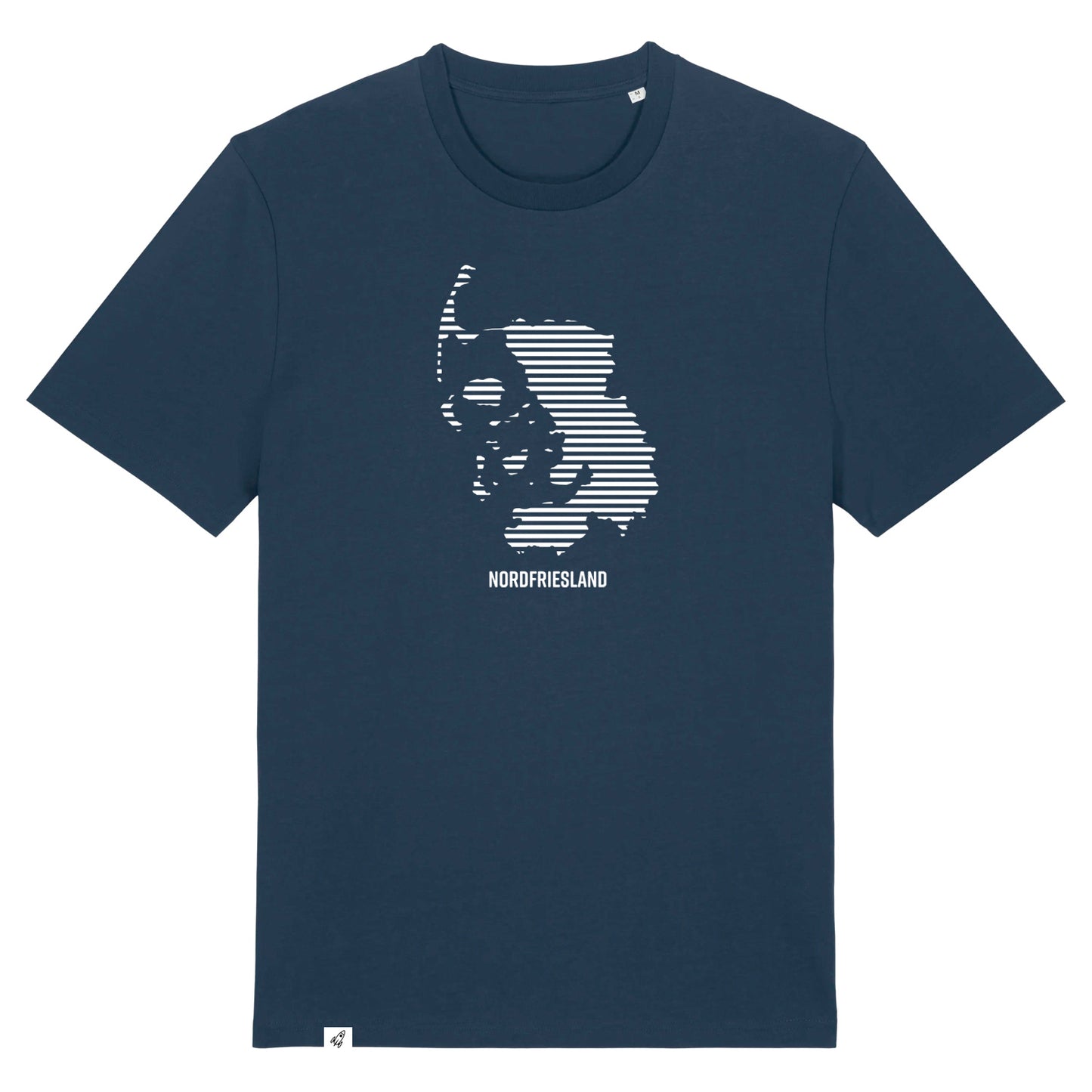 Dunkelblaues Unisex T-Shirt mit dem Nordfriesland Umriss in weißen Streifen.