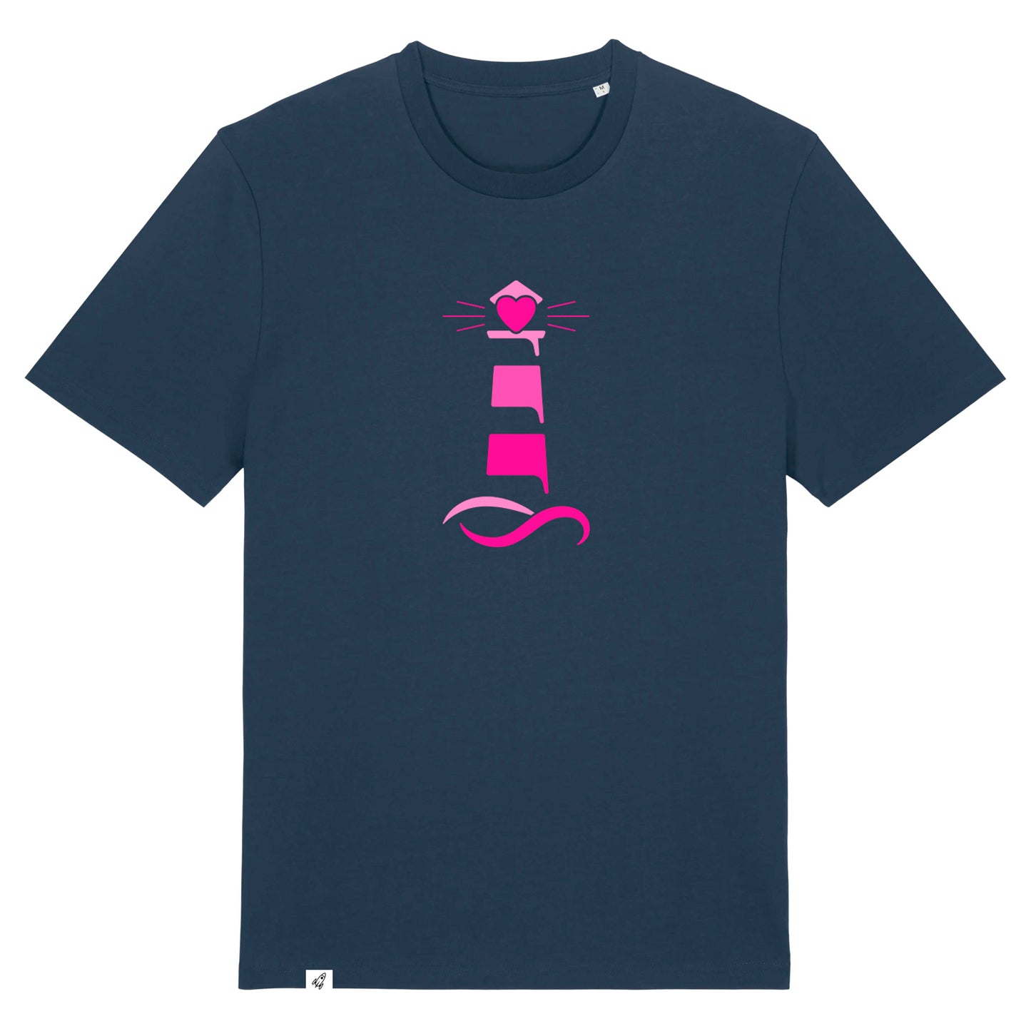 Dunkelblaues Unisex T-Shirt aus der Pinktober Kollektion mit Leuchtturm Motiv.