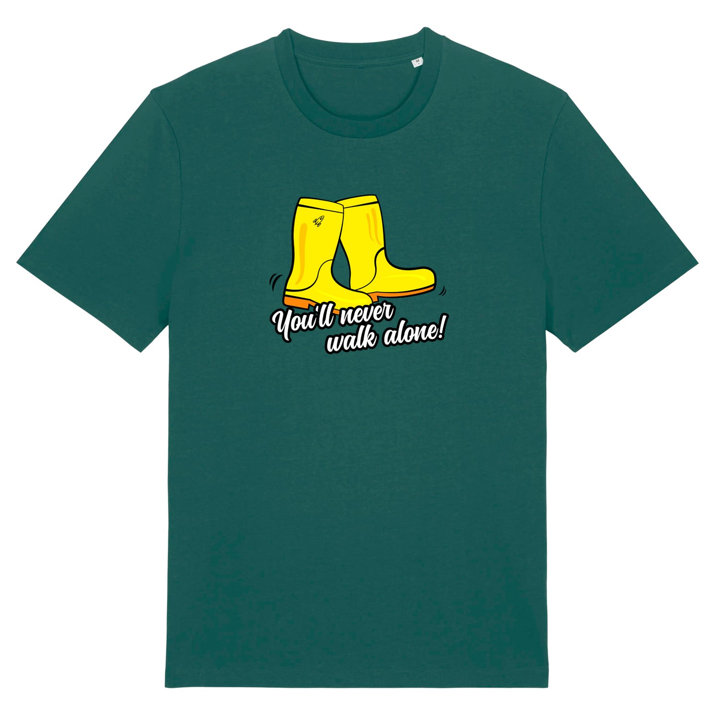Grünes Unisex T-Shirt mit Rundhalsausschnitt. Auf der Brust sind zwei gelbe Gummistiefel. Unter den Stiefeln seht der Satz You'll never walk alone. Die Farbe vom T-Shirt heißt Glazed Green.