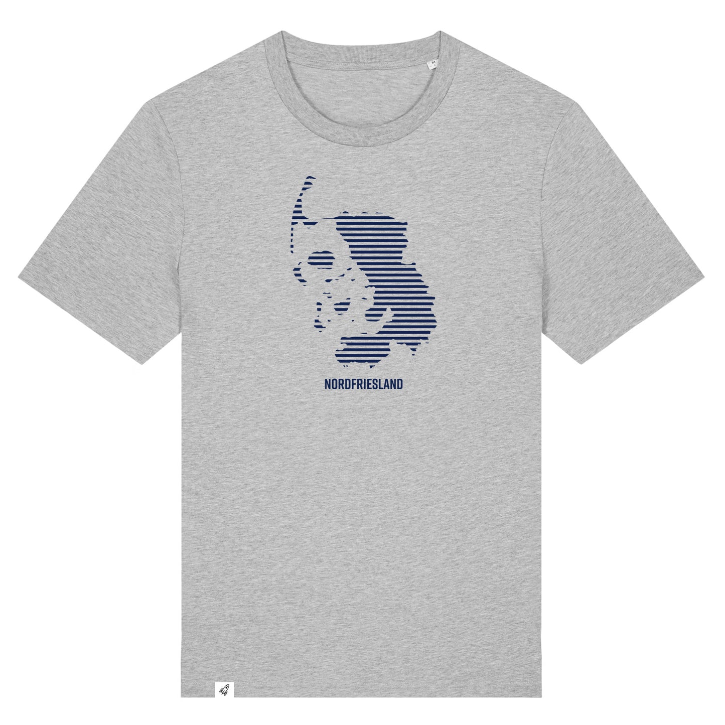 Grau melliertes Unisex T-Shirt mit dem Nordfriesland Umriss in dunkelblauen Streifen.