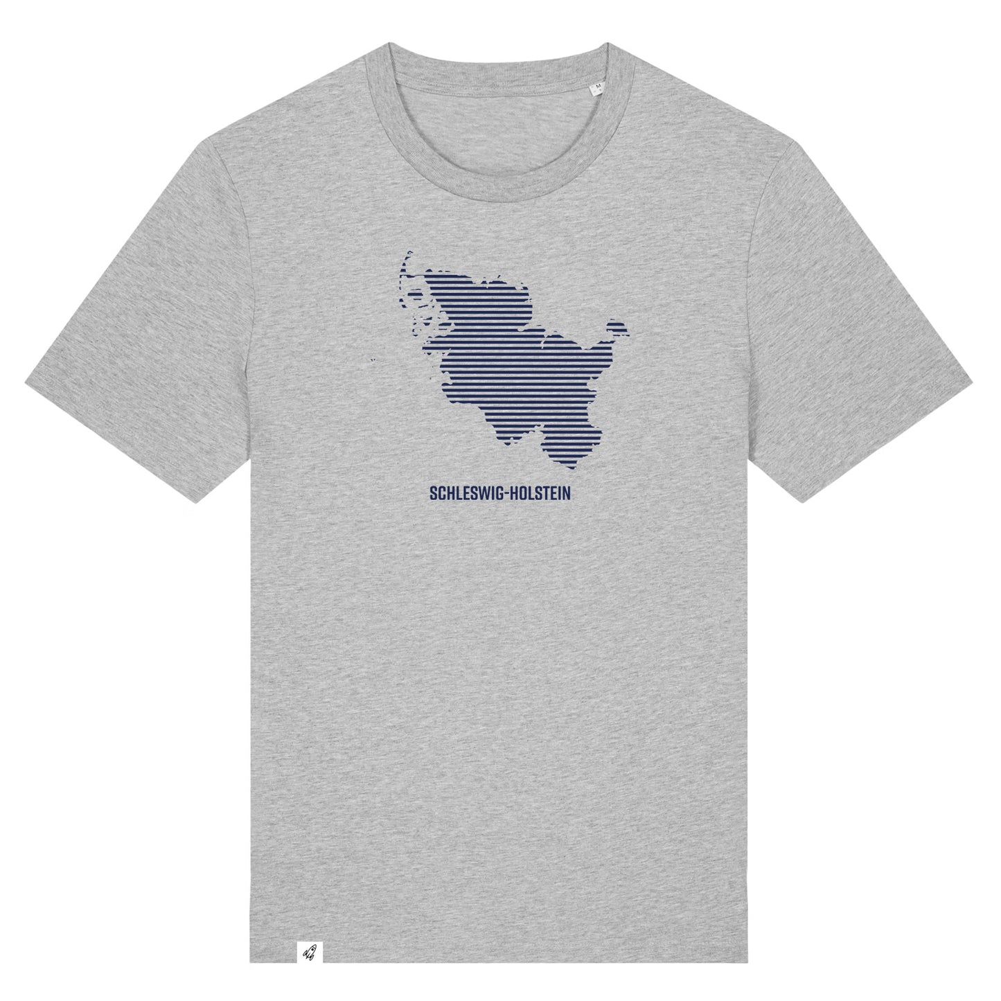 Graues Unisex T-Shirt mit Rundhalsausschnitt. Auf der Brust ist in blauen Streifen der Umriss von Schleswig-Holstein. Darunter steht Schleswig-Holstein. Die Farbe vom T-Shirt heißt Heather Grey.