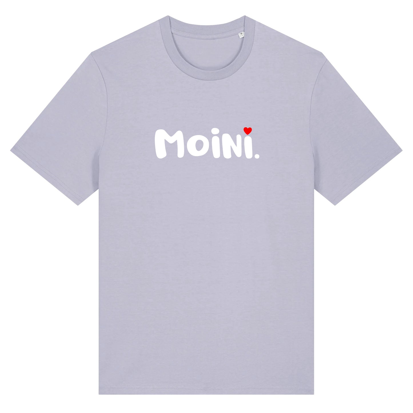 Fliederfarbies Unisex T-Shirt mit Rundhalsausschnitt. Auf der Brust ist in weißer Schrift der Aufdruck Moini. Über dem zweiten i ist ein rotes Herz als i-Punkt. Die Farbe vom T-Shirt heißt Lavender.