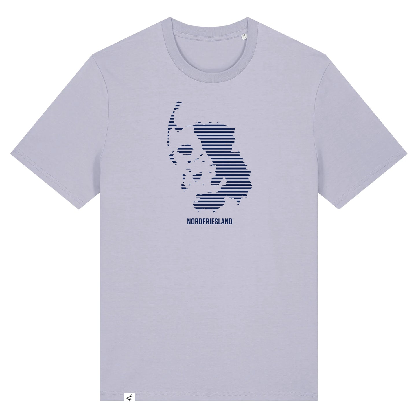 Fliederfarbiges Unisex T-Shirt mit dem Nordfriesland Umriss in dunkelblauen Streifen.