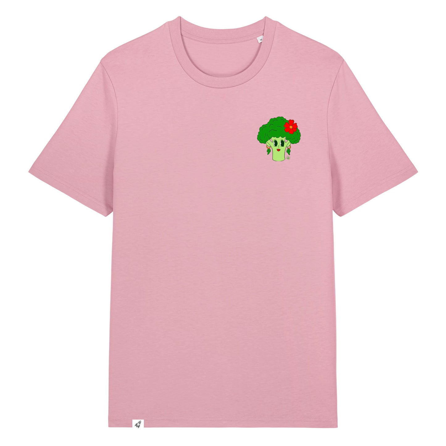 Altrosa Unisex T-Shirt mit Rundhalsausschnitt. Auf der linken Brust ist eine Brokkoli Kohlkopf Dame.