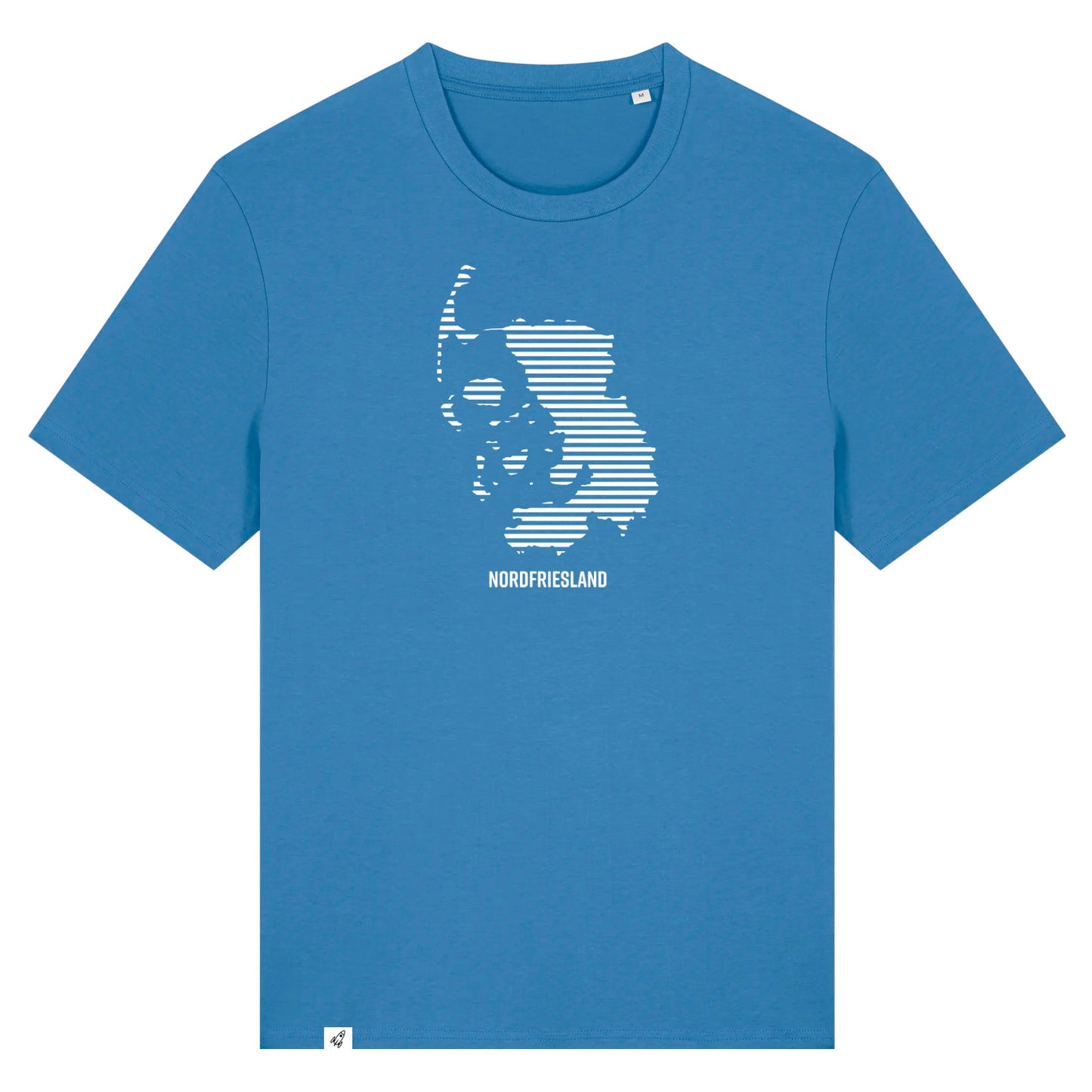 Mittelblaues Unisex T-Shirt mit dem Nordfriesland Umriss in weißen Streifen.
