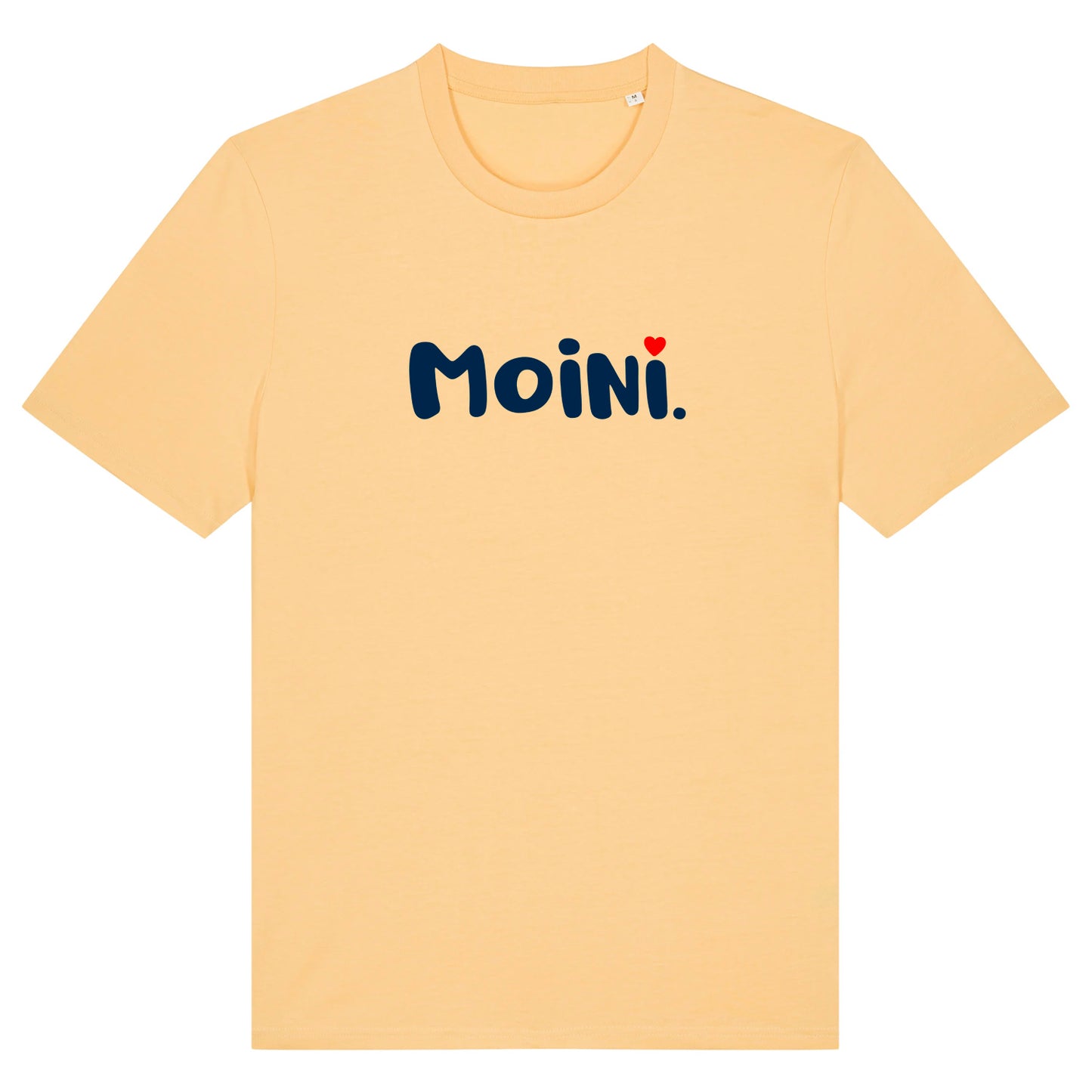 Gelbes Unisex T-Shirt mit Rundhalsausschnitt. Auf der Brust ist in dunkelblauer Schrift der Aufdruck Moini. Über dem zweiten i ist ein rotes Herz als i-Punkt. Die Farbe vom T-Shirt heißt Nispero.