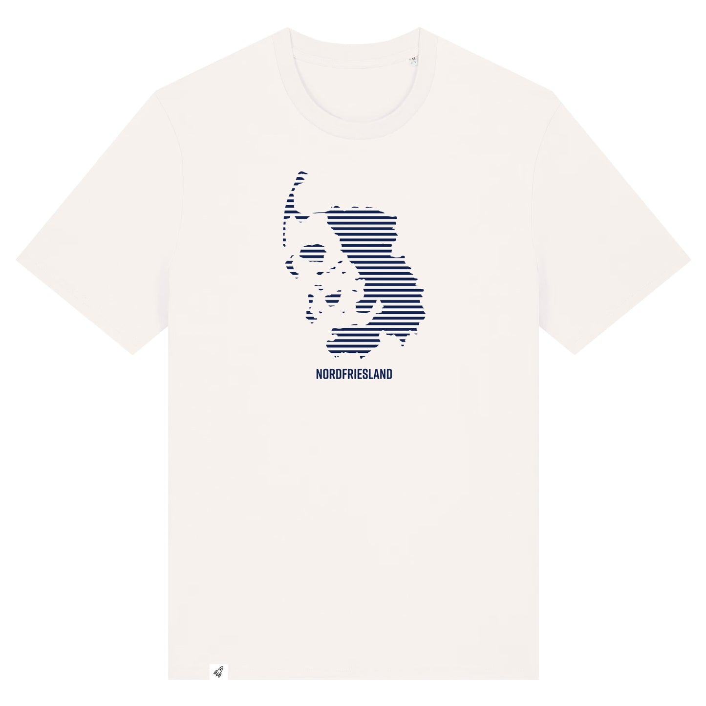 Altweißes Unisex T-Shirt mit dem Nordfriesland Umriss in dunkelblauen Streifen.