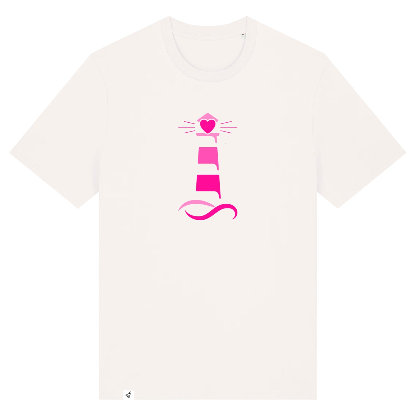 Altweißes Unisex T-Shirt aus der Pinktober Kollektion mit Leuchtturm Motiv.