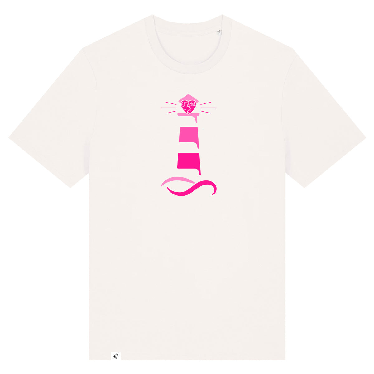 Altweißes Unisex T-Shirt aus der Pinktober Kollektion mit Leuchtturm Motiv.