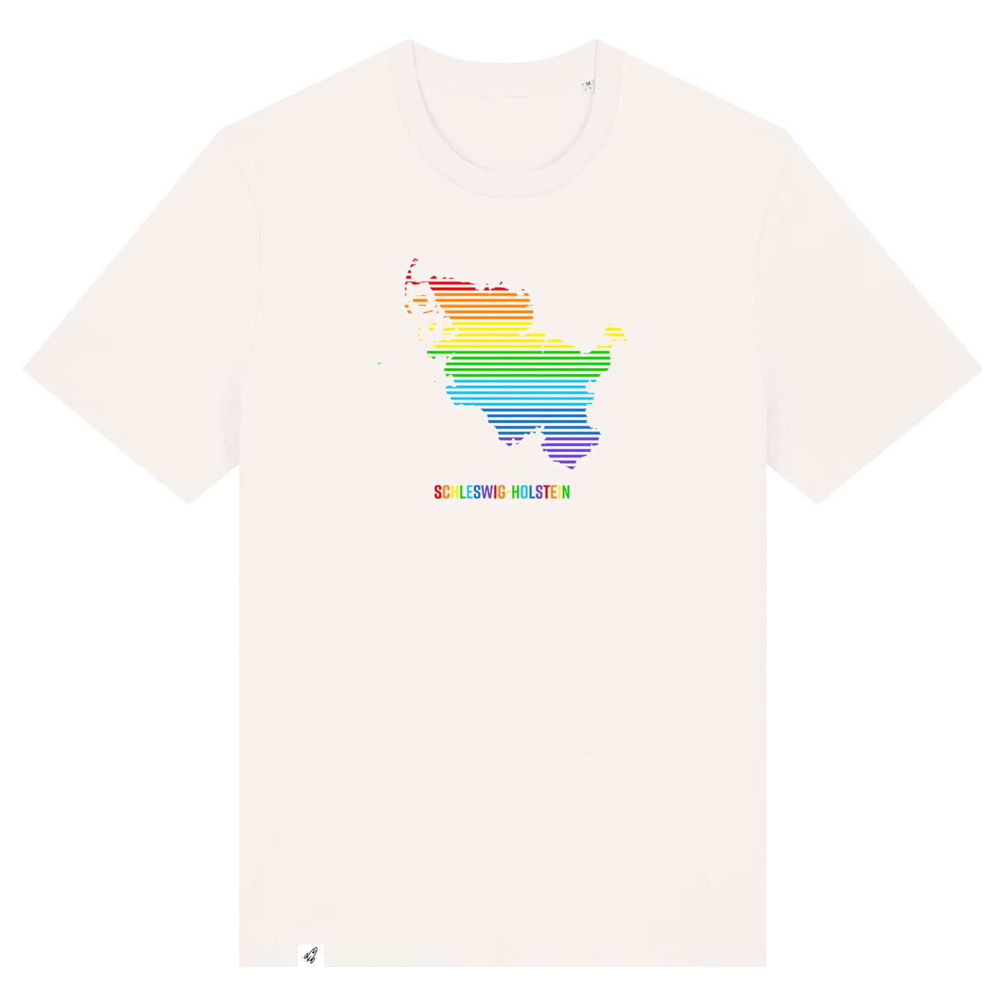 Altweißes Unisex T-Shirt mit dem Schleswig-Holstein Umriss in Linien und Regenbogenfarben. Darunter der Text Schleswig-Holstein in bunten Farben.