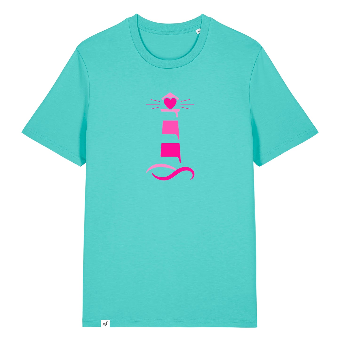 Hellblaues Unisex T-Shirt aus der Pinktober Kollektion mit Leuchtturm Motiv.