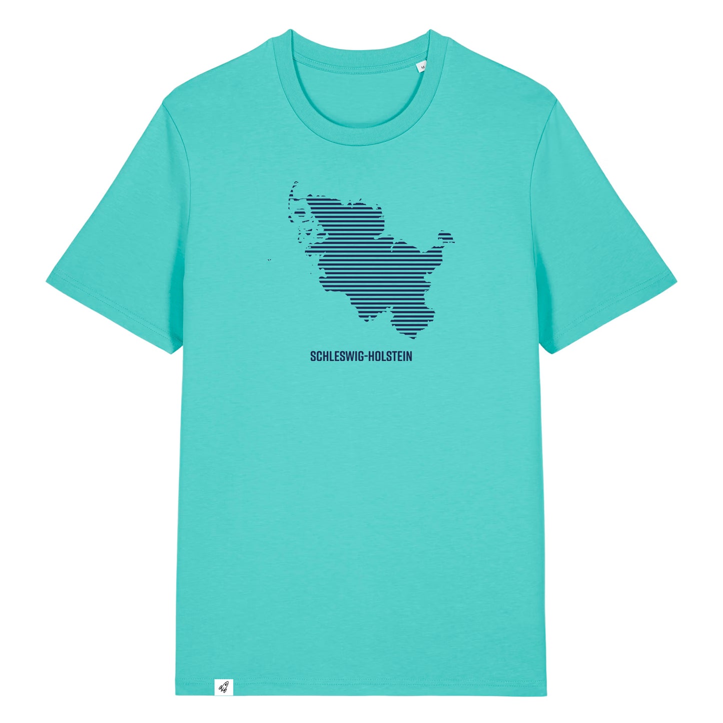 Blaues Unisex T-Shirt mit Rundhalsausschnitt. Auf der Brust ist in blauen Streifen der Umriss von Schleswig-Holstein. Darunter steht Schleswig-Holstein. Die Farbe vom T-Shirt heißt Pool Blue.