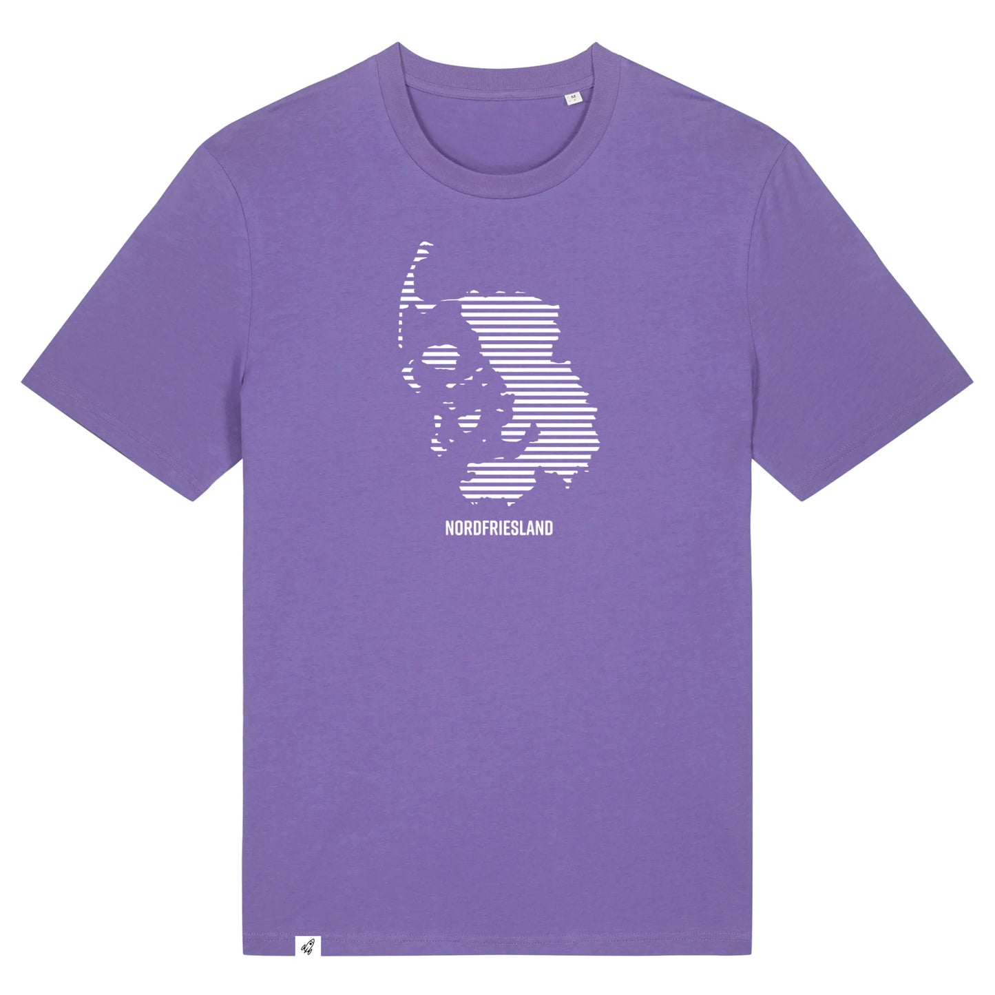 Violettes Unisex T-Shirt mit dem Nordfriesland Umriss in weißen Streifen.