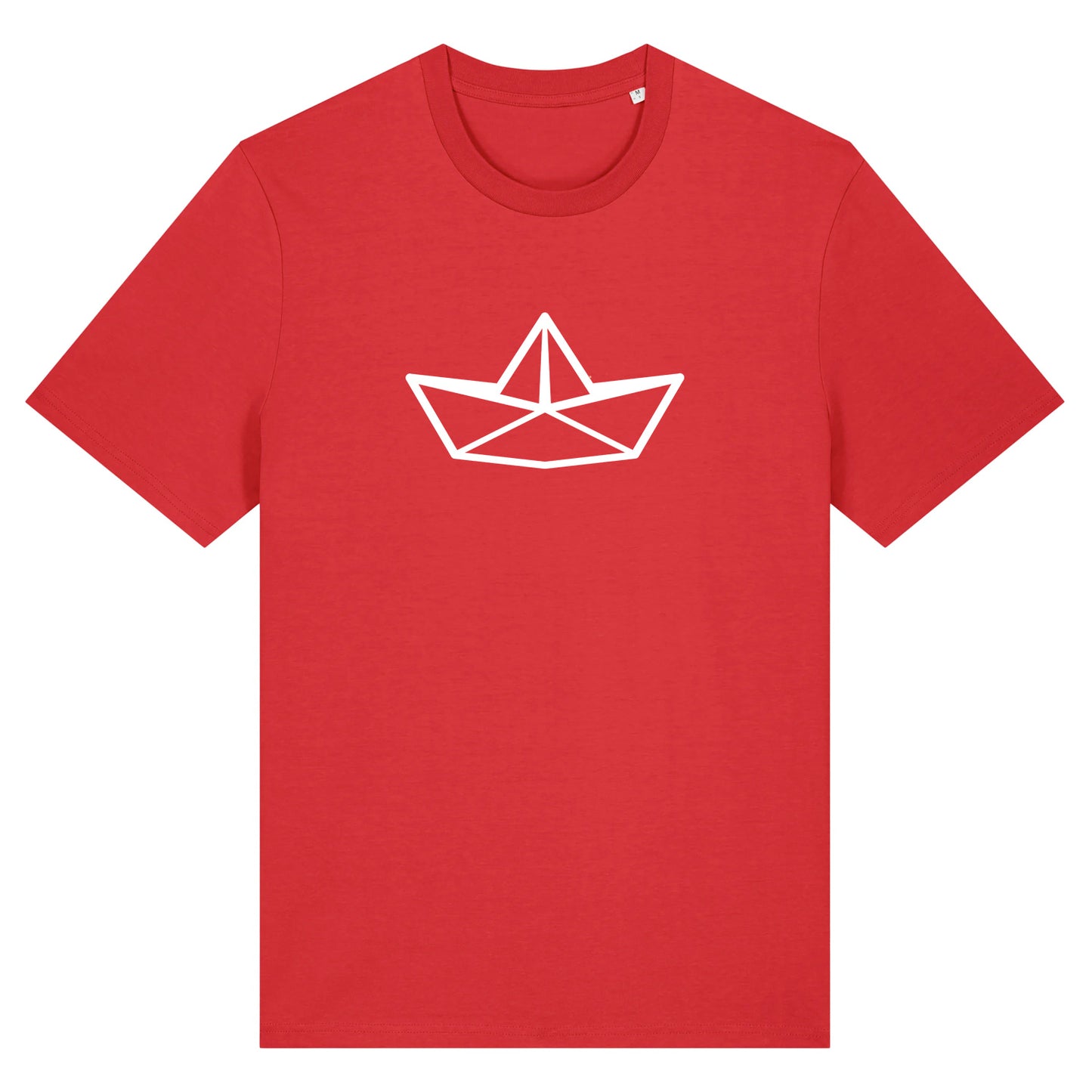 Rotes Unisex T-Shirt mit Rundhalsausschnitt. Auf der Brust ist in weiß die Grafik eines Faltbootes. Die Farbe vom T-Shirt heißt Red.