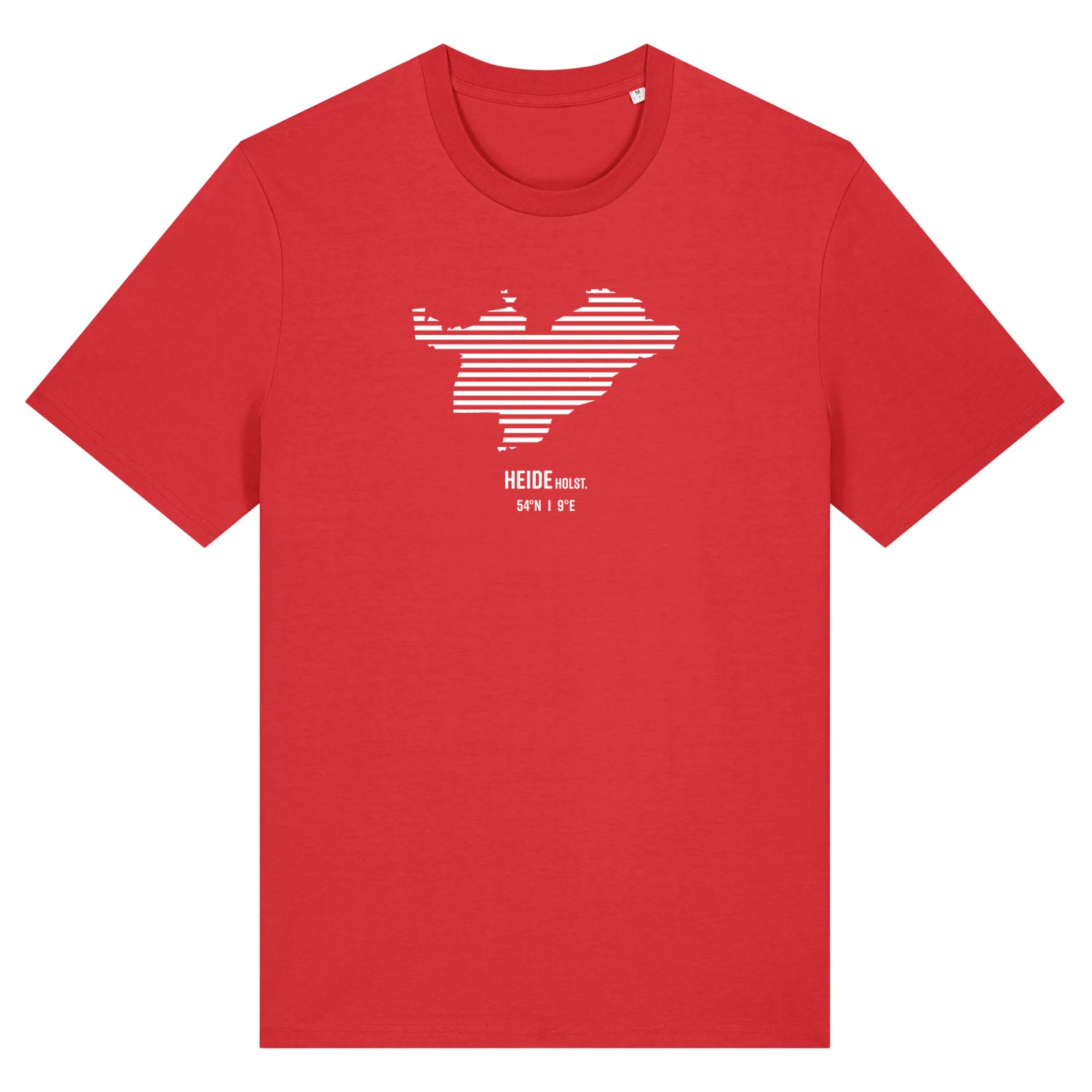 Rotes Unisex T-Shirt mit Rundhalsausschnitt. Auf der Brust ist in weißen Streifen der Umriss von Heide. Darunter steht Heide 54° N und 9° E. Die Farbe vom T-Shirt heißt Red.