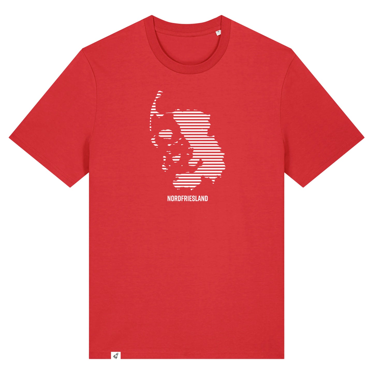 Rotes Unisex T-Shirt mit dem Nordfriesland Umriss in weißen Streifen.