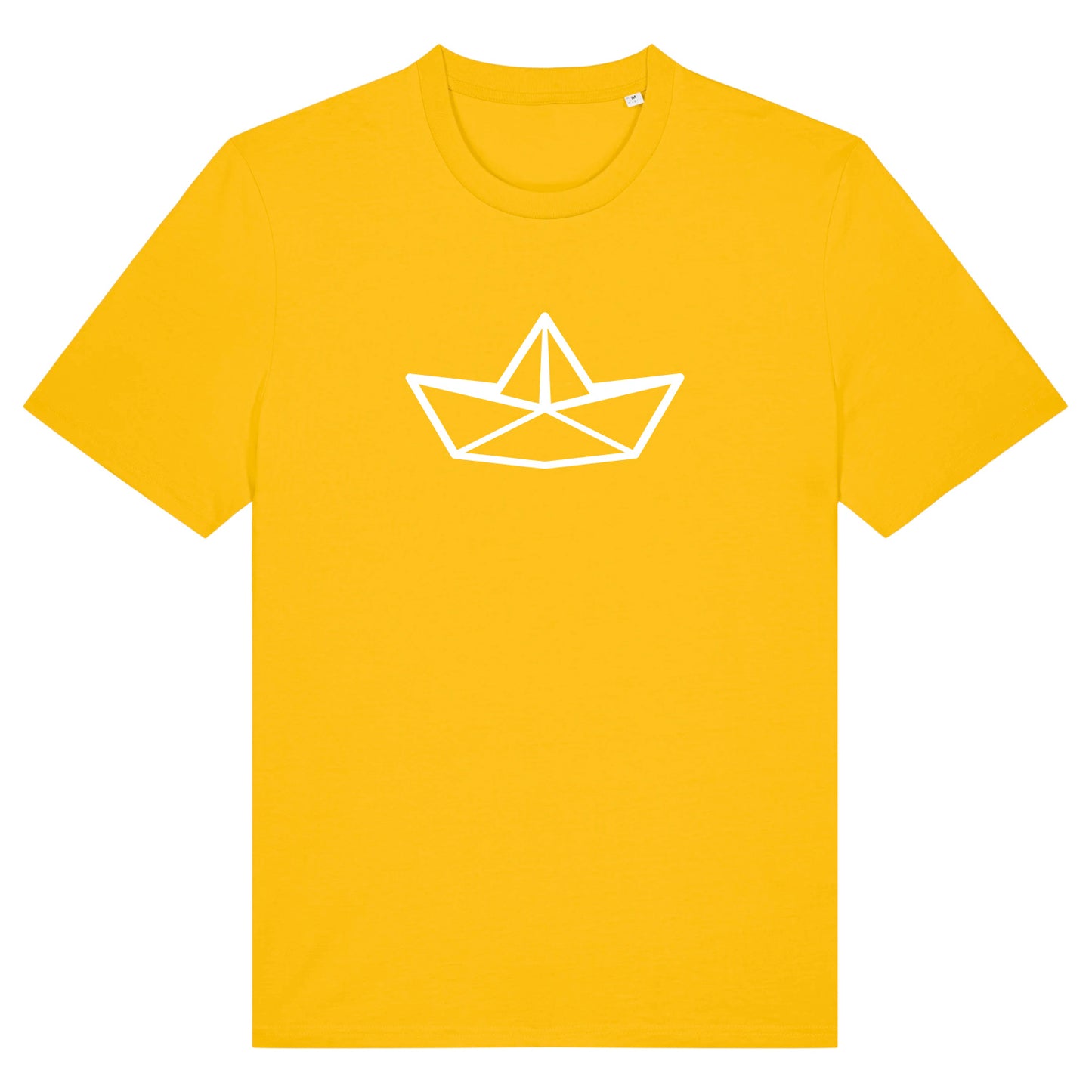 Gelbes Unisex T-Shirt mit Rundhalsausschnitt. Auf der Brust ist in weiß die Grafik eines Faltbootes. Die Farbe vom T-Shirt heißt Spectra Yellow.