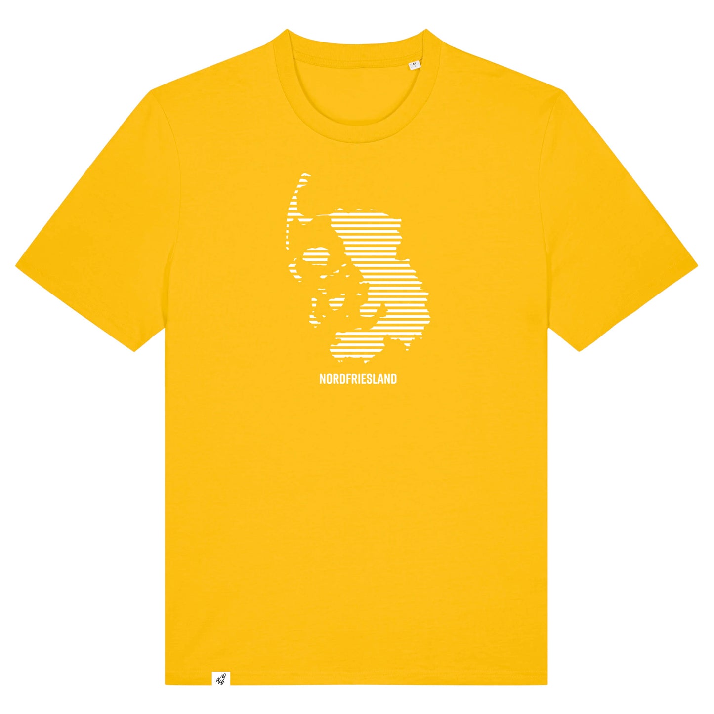 Gelbes Unisex T-Shirt mit dem Nordfriesland Umriss in weißen Streifen.
