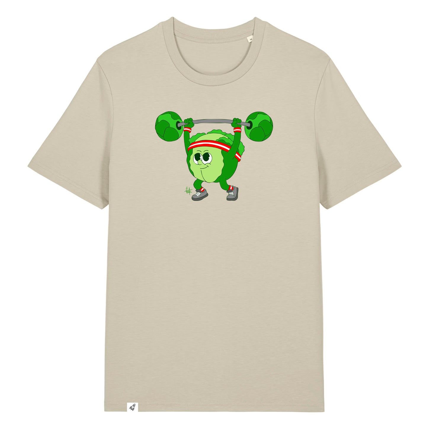 Steinfarbenes Unisex T-Shirt mit Rundhalsausschnitt. Auf der Brust ist ein Kohlkopf der eine Hantelstange hebt.