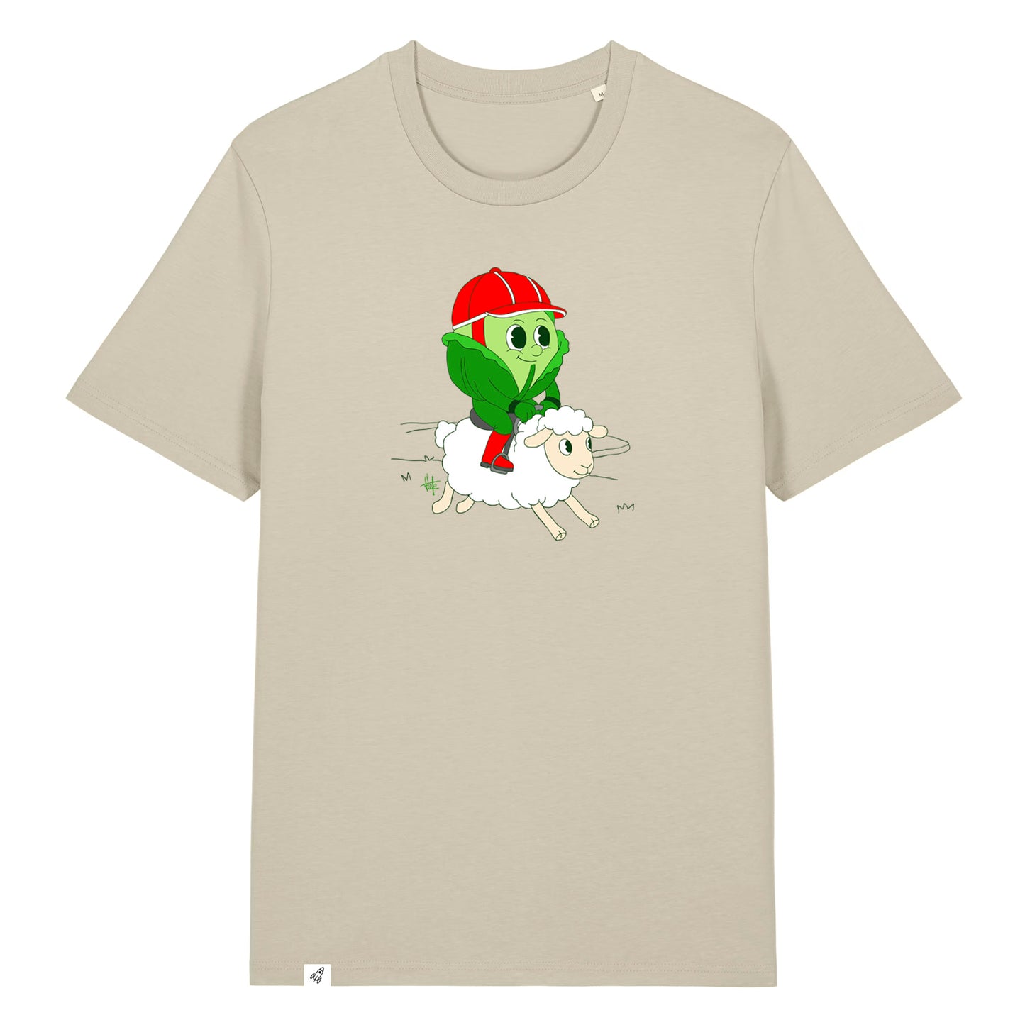 Steinfarbenes Unisex T-Shirt mit Rundhalsausschnitt. Auf der Brust ist ein Kohlkopf der auf einem Schaf reitet.