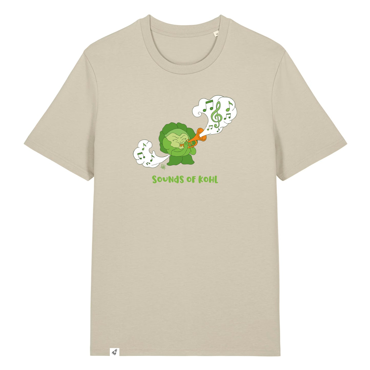 Steinfarbenes Unisex T-Shirt mit Rundhalsausschnitt. Auf der Brust ist ein Kohl der Musik auf einer Trompete spielt. Darunter steht der Spruch Sounds of Kohl.